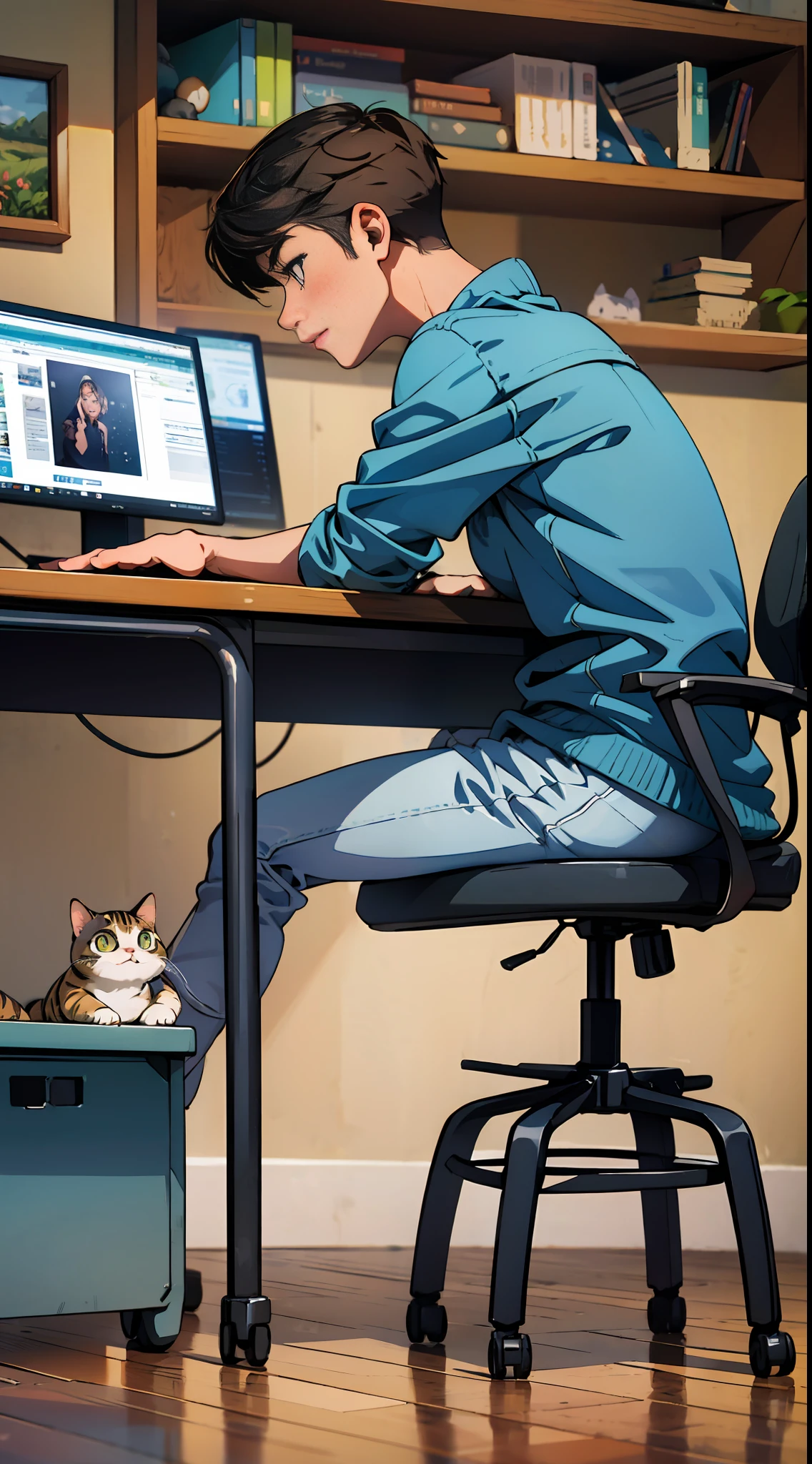 A man and a cat are sitting at a computer desk, a cat is sitting on a table