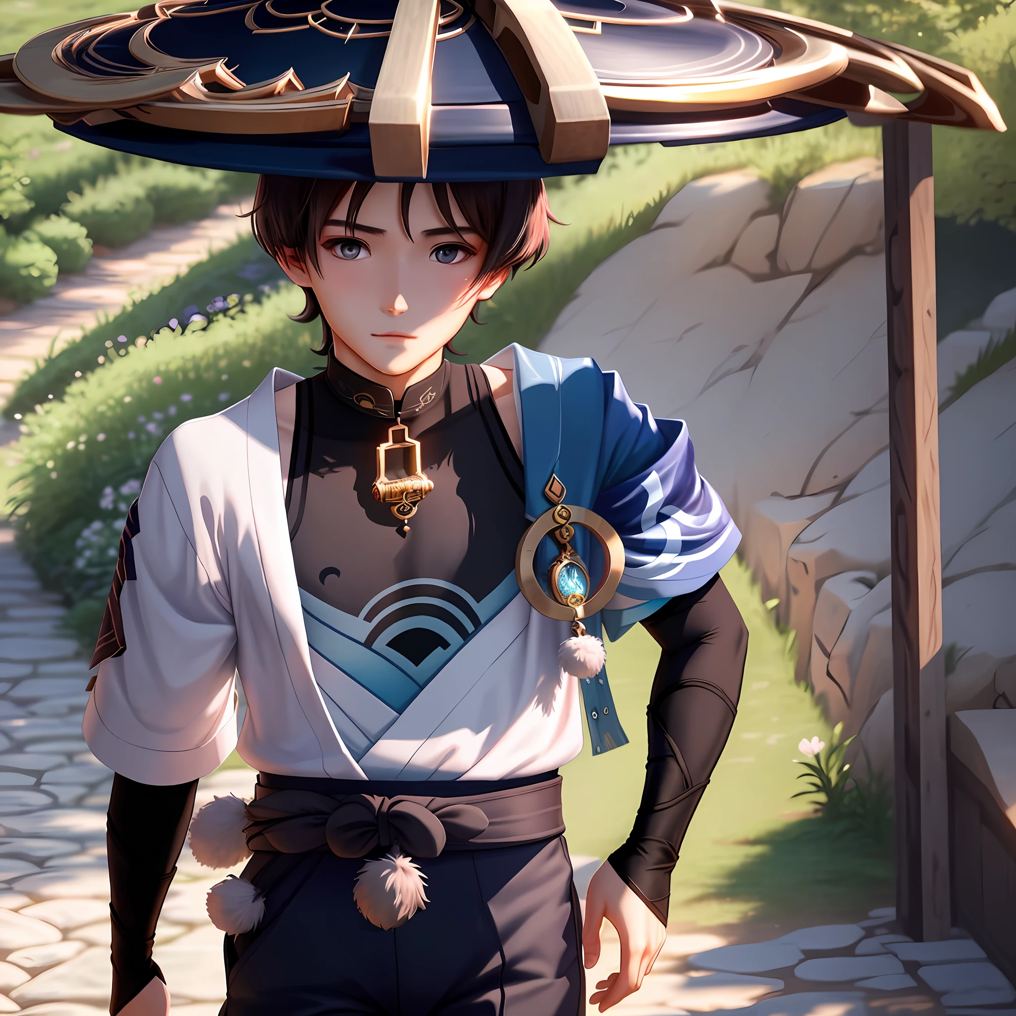 Masterpiece, Best quality, handsome young 1 young man, solo, full-length, looking at the viewer, blushing, blush on cheeks, background Japanese landscape, big hat, upper body without clothes