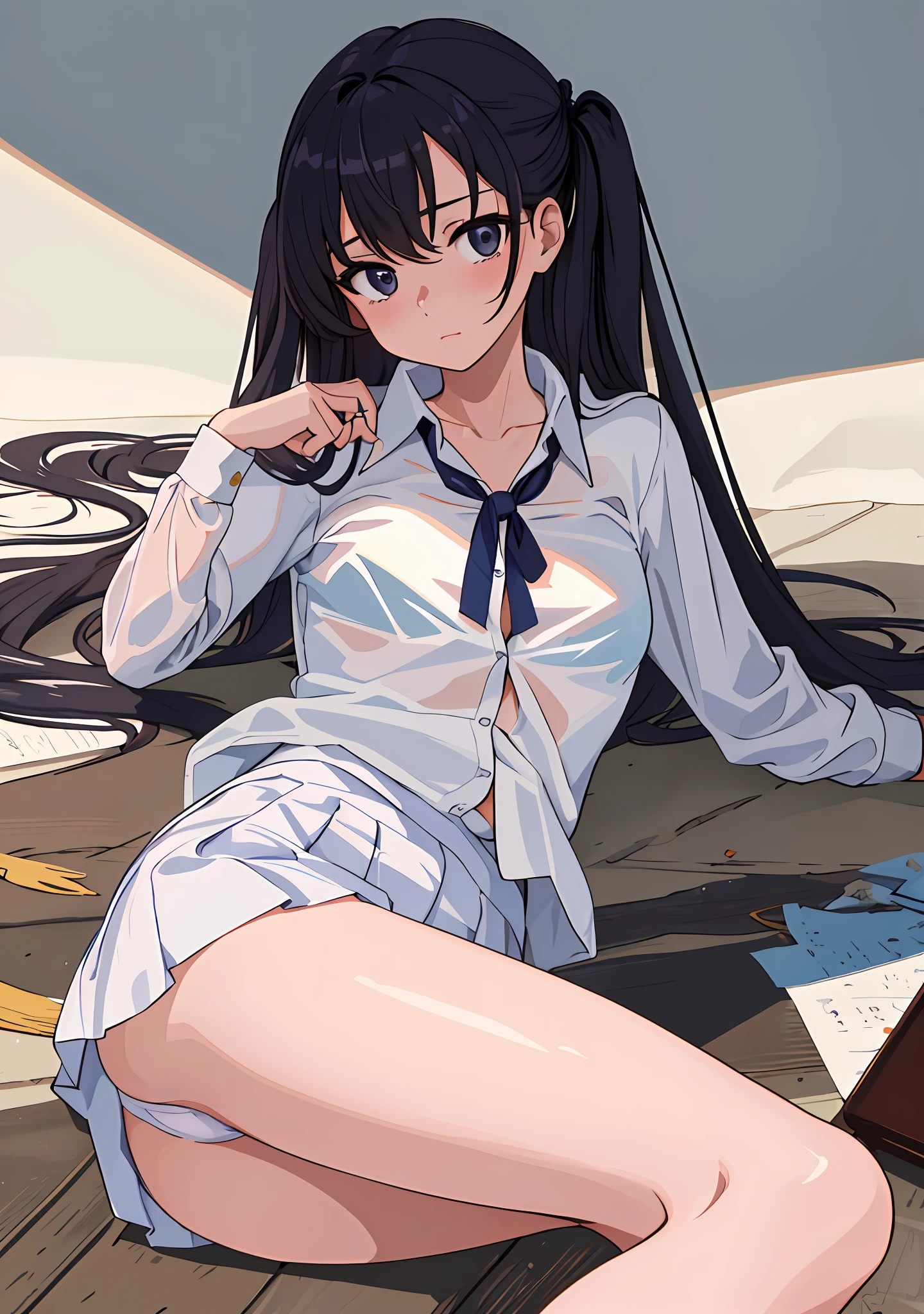 "(A true masterpiece with the best quality). In this NSFW image, a schoolgirl with a flat chest and small tits is lying down adorned in a uniform, looking both shy yet eager to show off. Her cleavage and panties are teasingly visible through her translucent outfit."