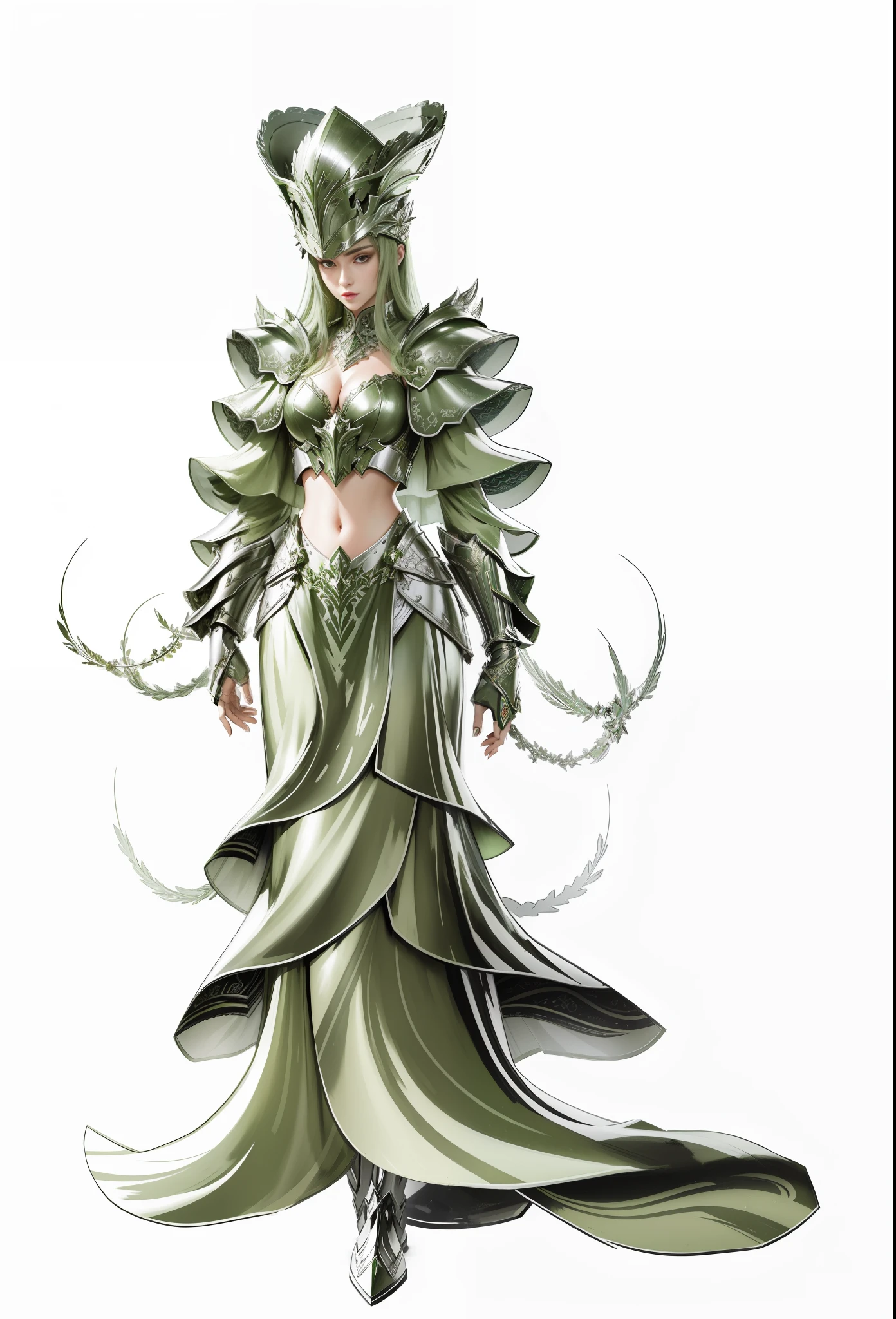 A woman in green armor, green gorgeous armor, strong metallic luster texture, rubies on helmet, exposed cleavage, revealing abdomen, red lips, sexy, full body, light, white background, perfect fingers, holy clothing style