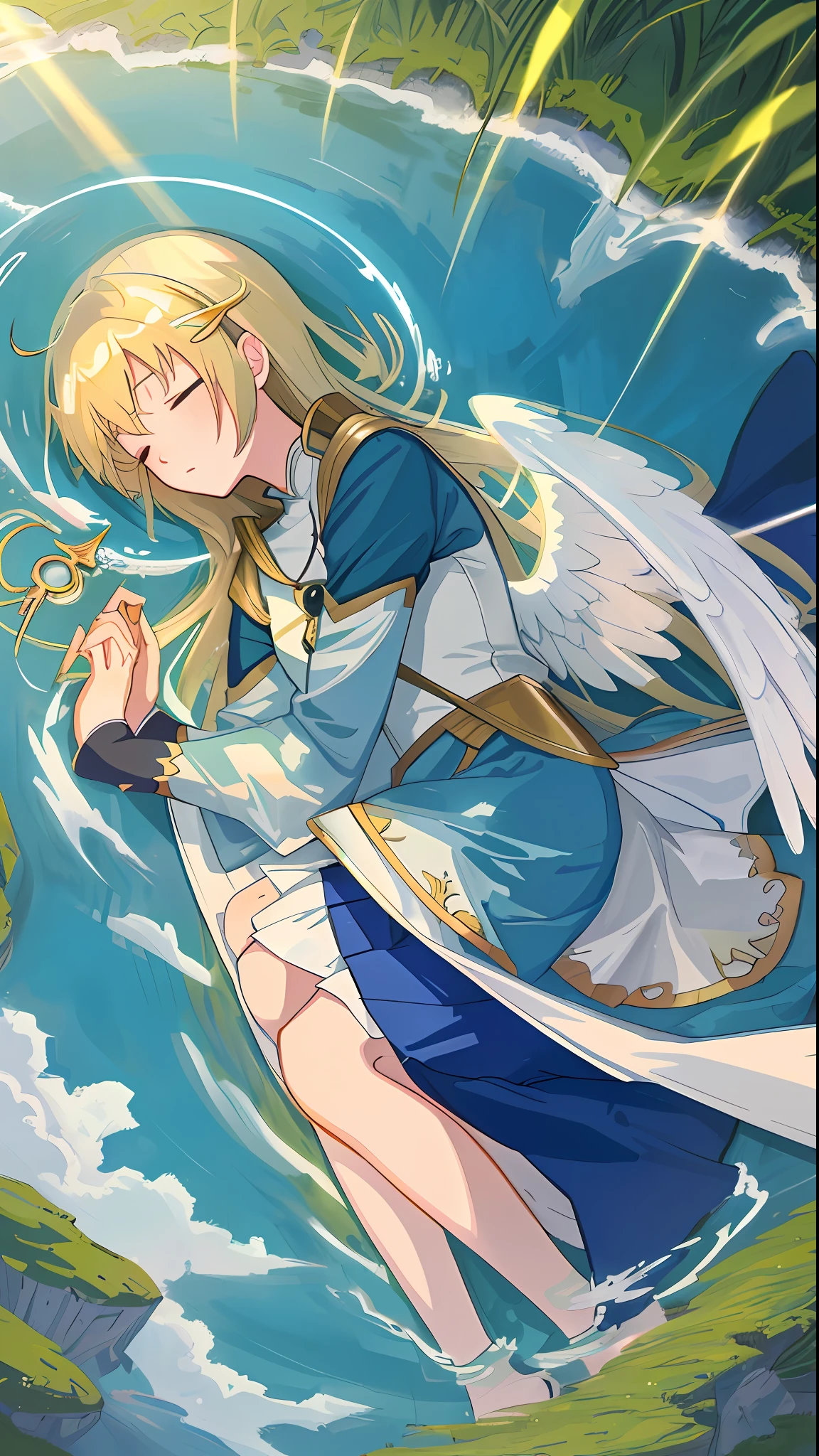 (top-down), (lying on side), sleeping position, (((masterpiece))), ((best quality))), ((ultra-detailed)), (illustration), (detailed light), (extremely delicate and beautiful), (beautiful detail eyes), (sunlight), (angel), solo, young girl, dynamic angle, floating, , wings arms_up, halo, floating white silk, (holy light), anime girl sleeping on grass,, water from Konoha,, anime moe art style, detailed key anime art, ,, Konoha anime style, smooth anime CG art, high-quality anime art, rest after a hard battle, exquisite background, (angel wings), holy light, leaking sunlight