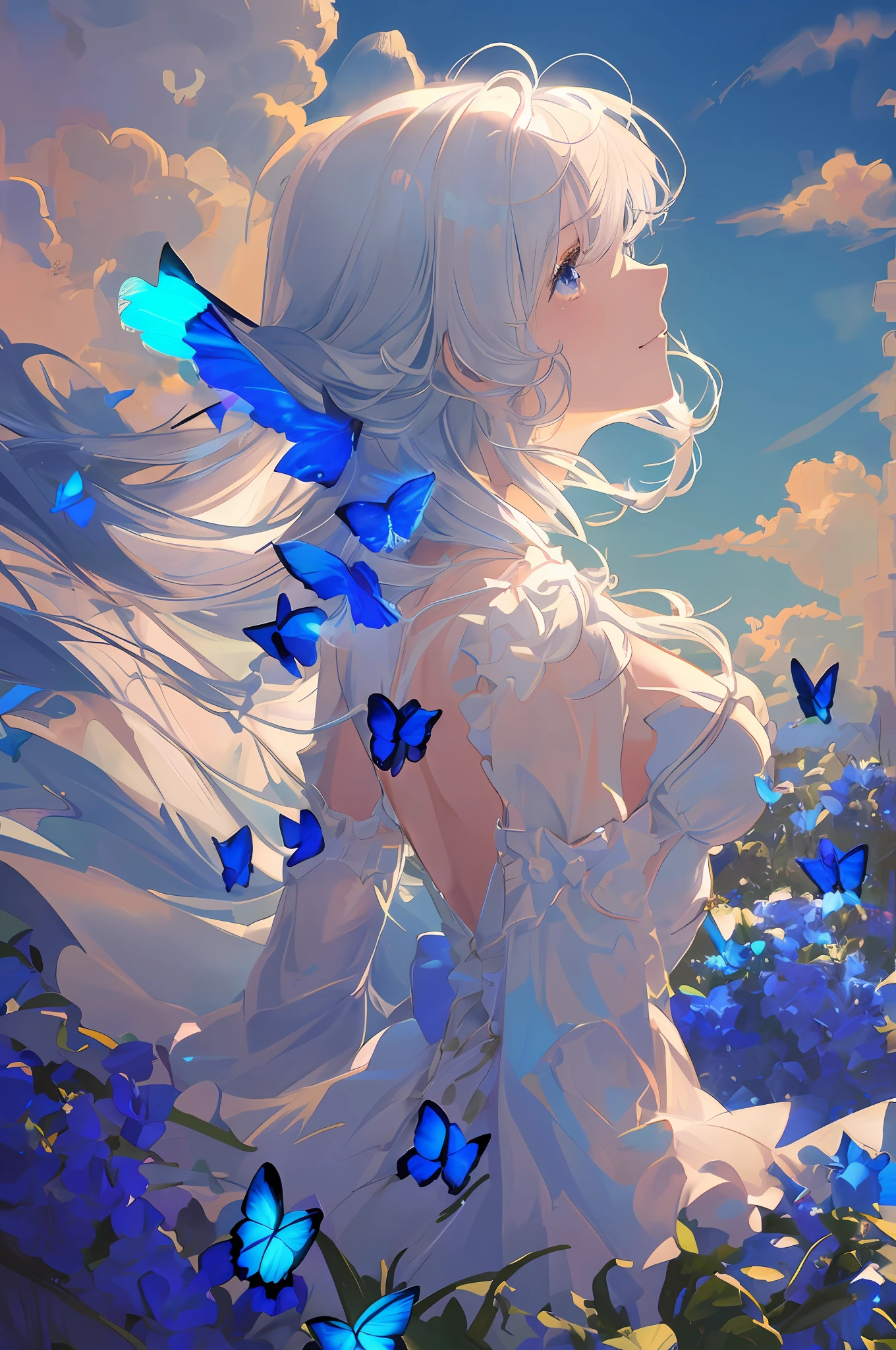 Cornflower art, dreamy, (top quality, masterpiece, high resolution, cinematic lighting, volume lighting, contour deepening, (backlit), profile, highly detailed 8K wallpaper, 1girl, loli, chiffon dress, very delicate and beautiful, beautiful detailed eyes, white_hair, [long_hair]], medium_breasts, (cumulus: 1.35), ( beautiful detailed clouds), blue butterflies, upper body), smile
