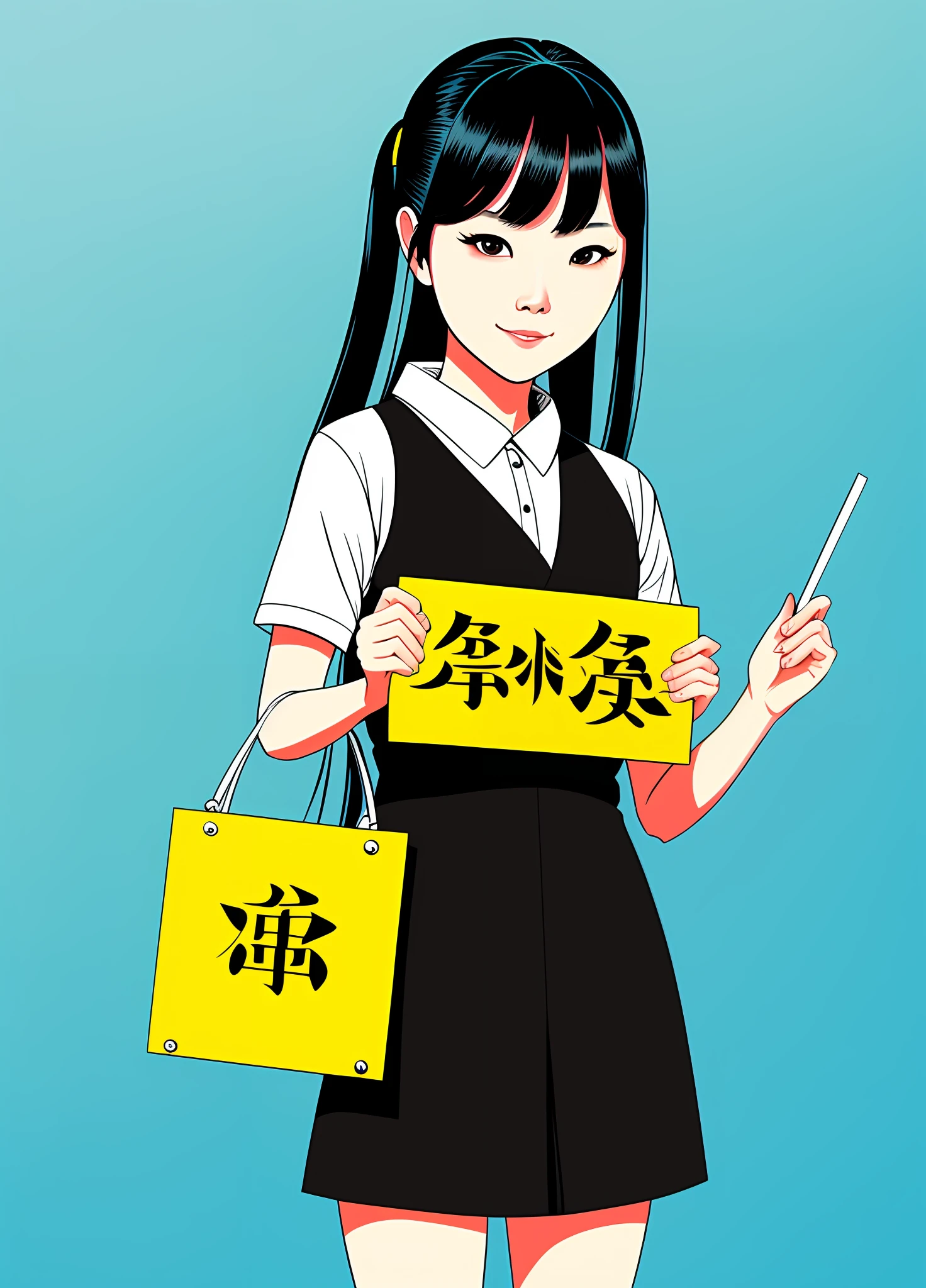 A Beautiful Chinese Adult Woman, holding an empty sign, flat background, Skottie Young style