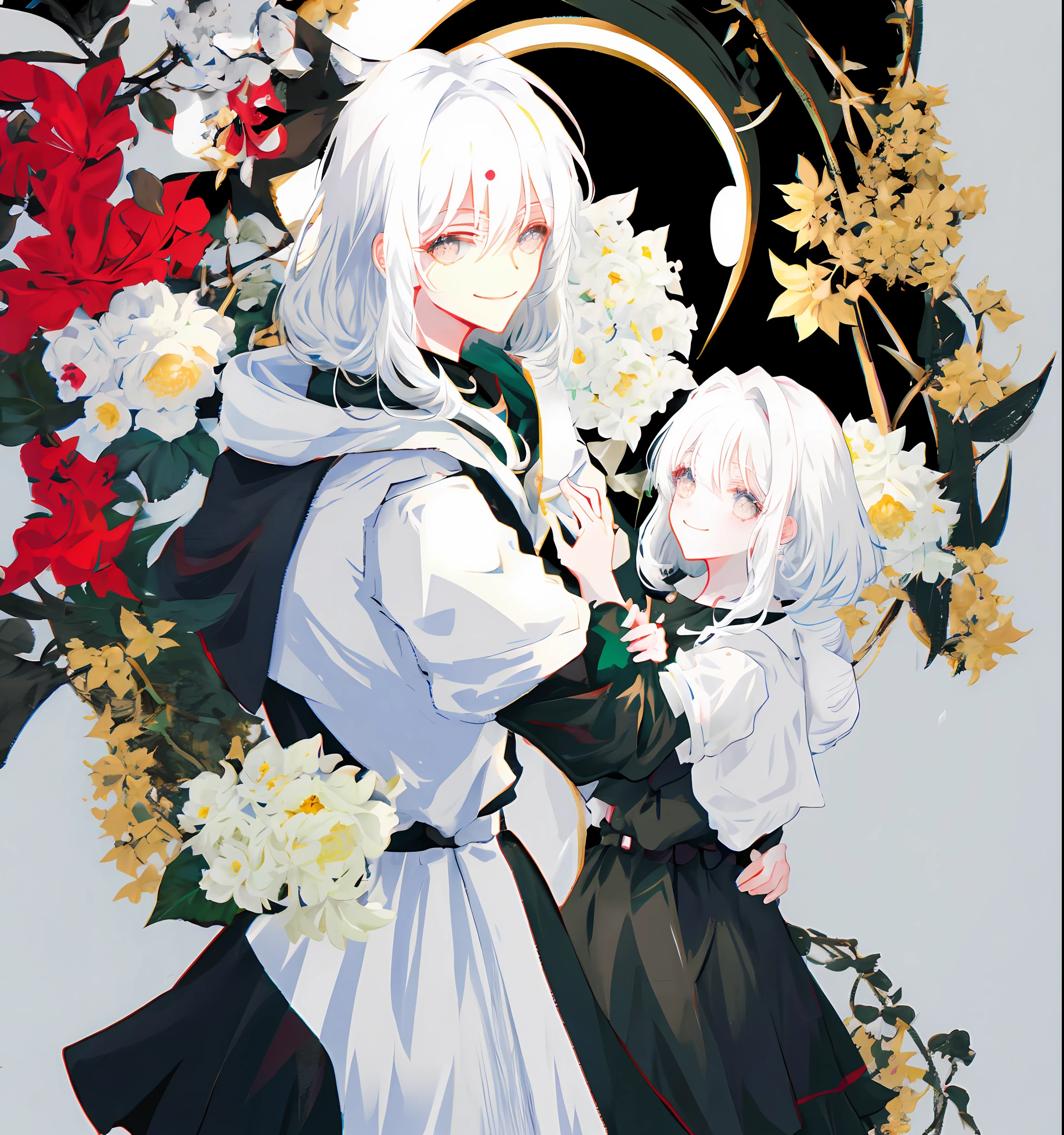 Anime female, white hair, black eyes, harm smile, white flower on black dress