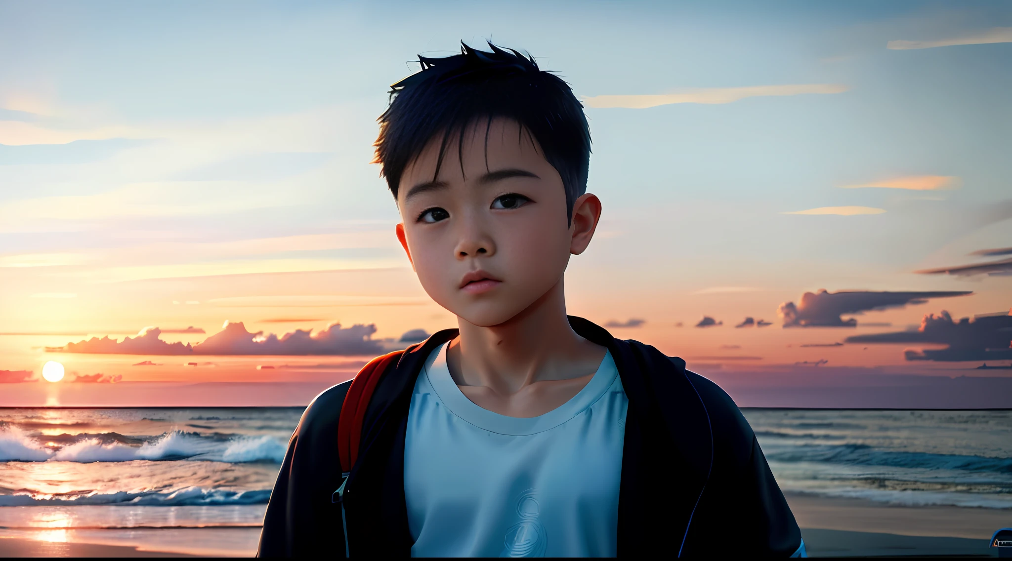 A boy, background seaside, sunrise, depth of field, half, front, masterpiece, best quality, high quality, extremely detailed CG unified 8k wallpaper, outdoor, sky, clouds