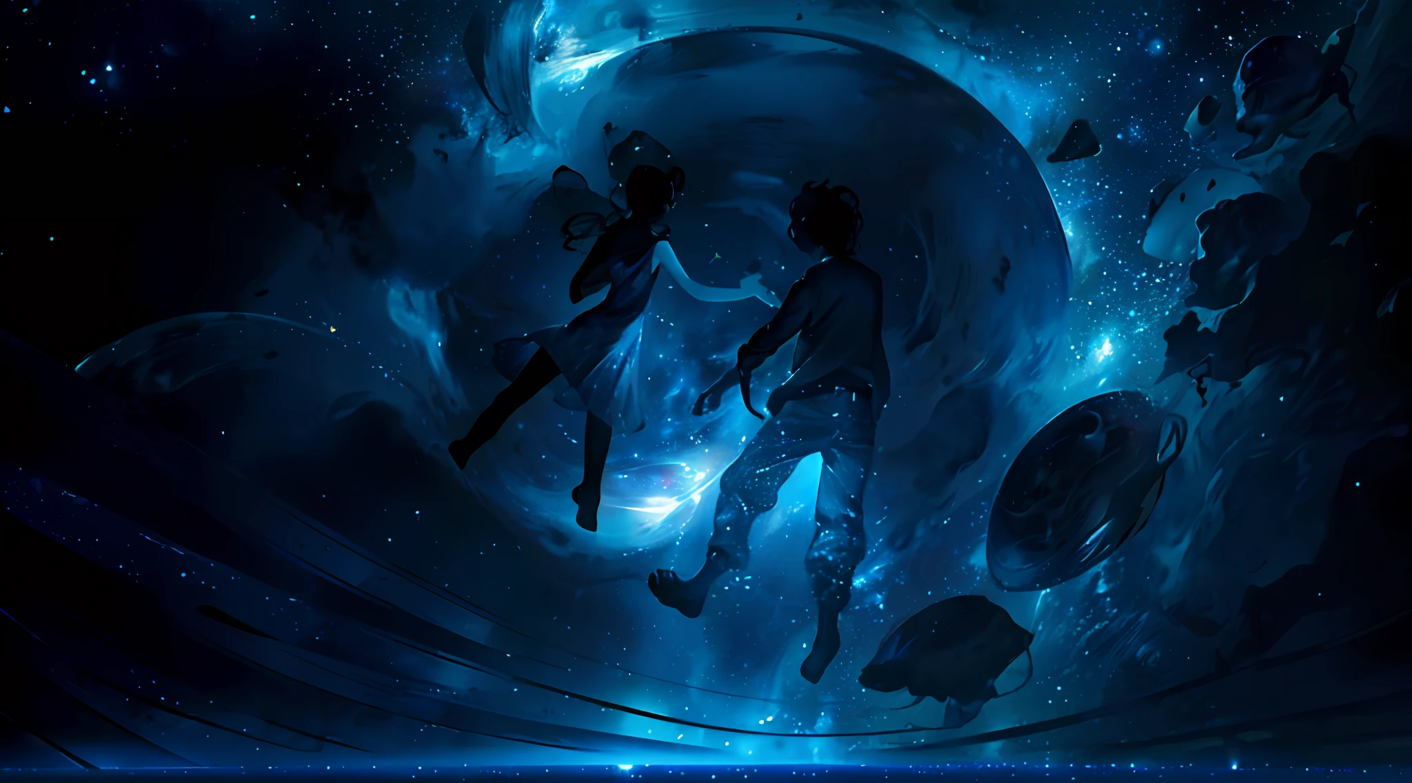 there are two people floating in a dark pool with a light, floating in the universe, floating in the cosmos nebula, floating in a nebula, floating in outer space, swimming in space, floating through space, floating among stars, floating in space, floating in deep space, floating in a cosmic nebula, floating across the cosmic ocean, floating!!! in a nebula
