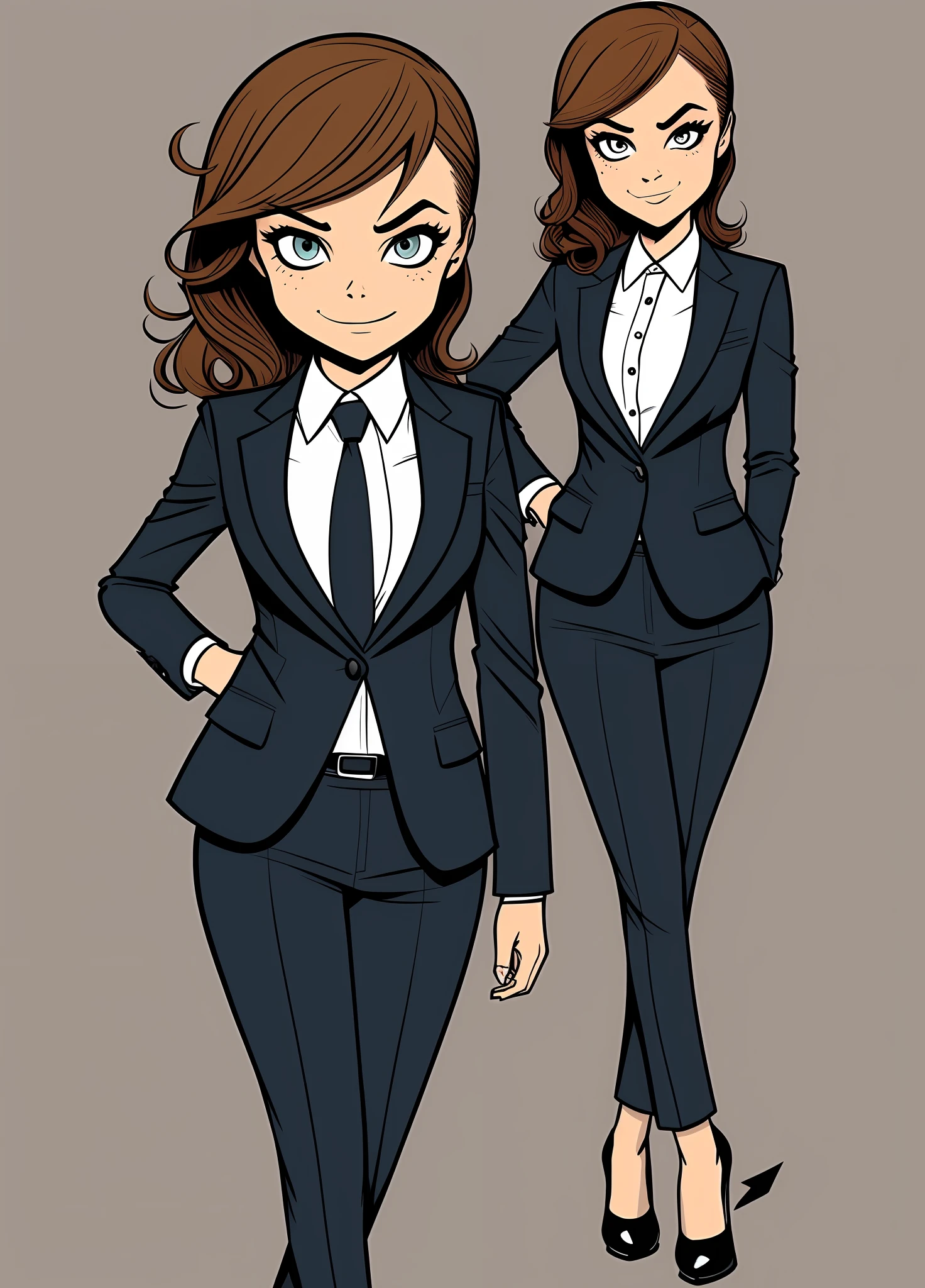A beautiful businesswoman wearing an elegant suit, Skottie Young style