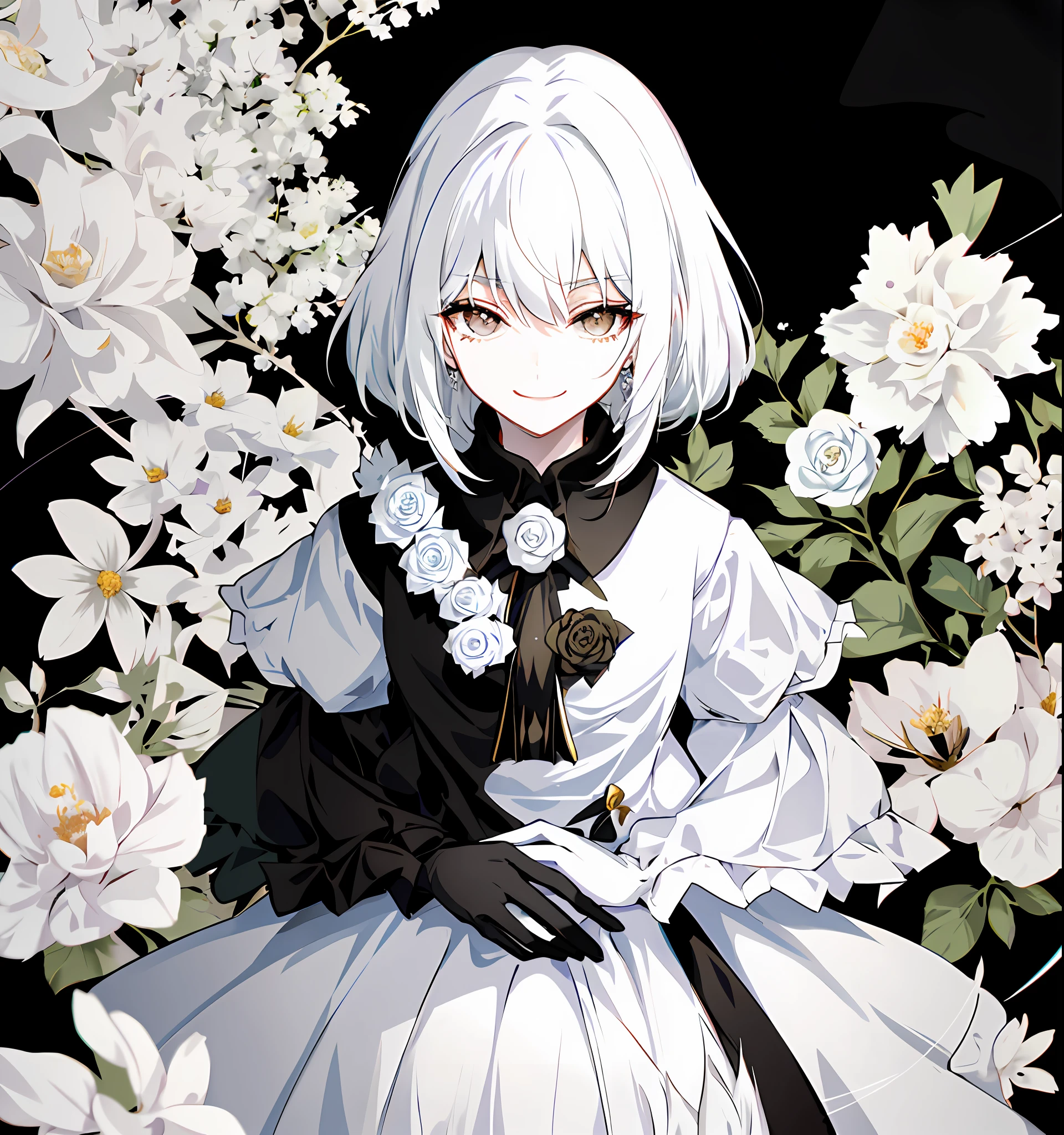 Anime female, white hair, black eyes, harm smile, white flower on black dress