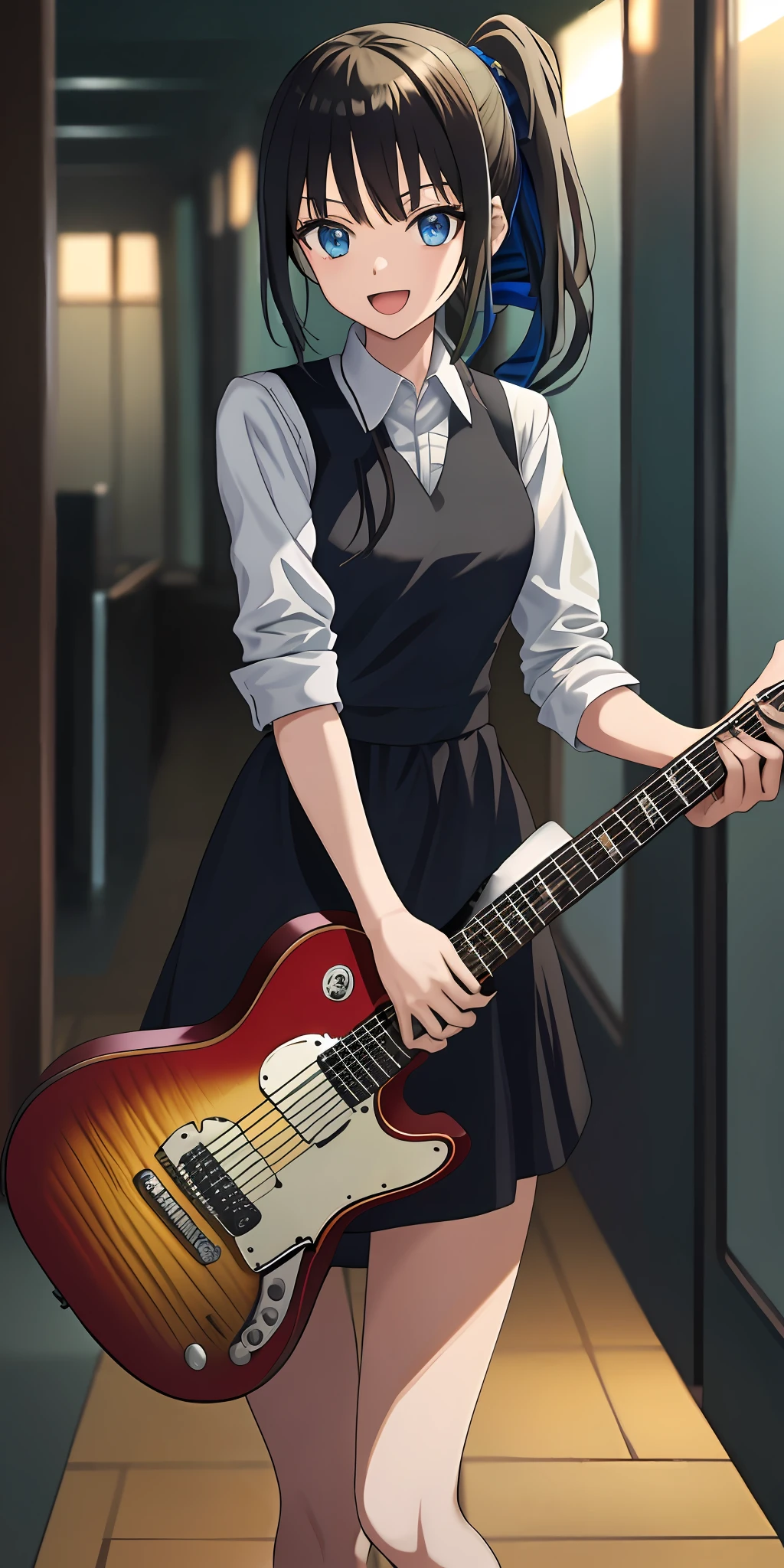 2D, masterpiece, best quality, anime, very detailed, cowboy shot, one girl, solo, playing guitar, blue eyes, long green ponytail hair with hime cut and bangs,uniform, summer uniform,, standing, indoors, hallway, :d