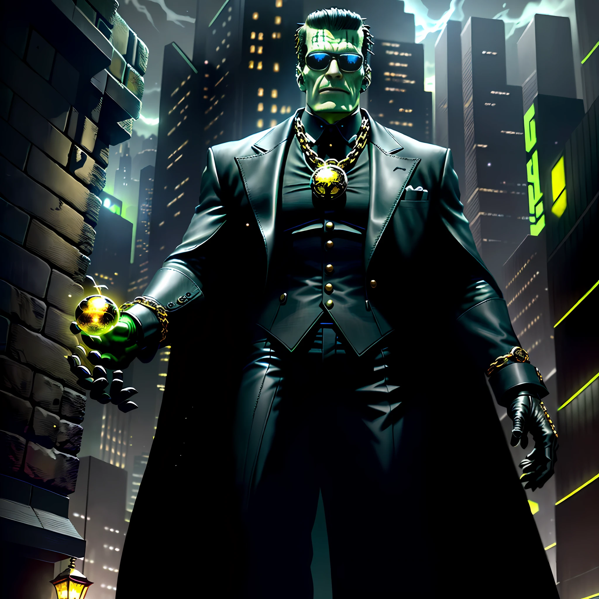 "((Hyper detailed)), ((open focus)), Frankenstein Monster, standing, centered in the image, wearing black leather suit, green face, black leather gloves, holding shiny small sphere, sunglasses, gold watch and chains, set in a dark city. (Excellent work), (No duplications), (Detailed hands) (No legs), (Good illustration), (Good coloring), (Proportional measurements), (No distortion)."