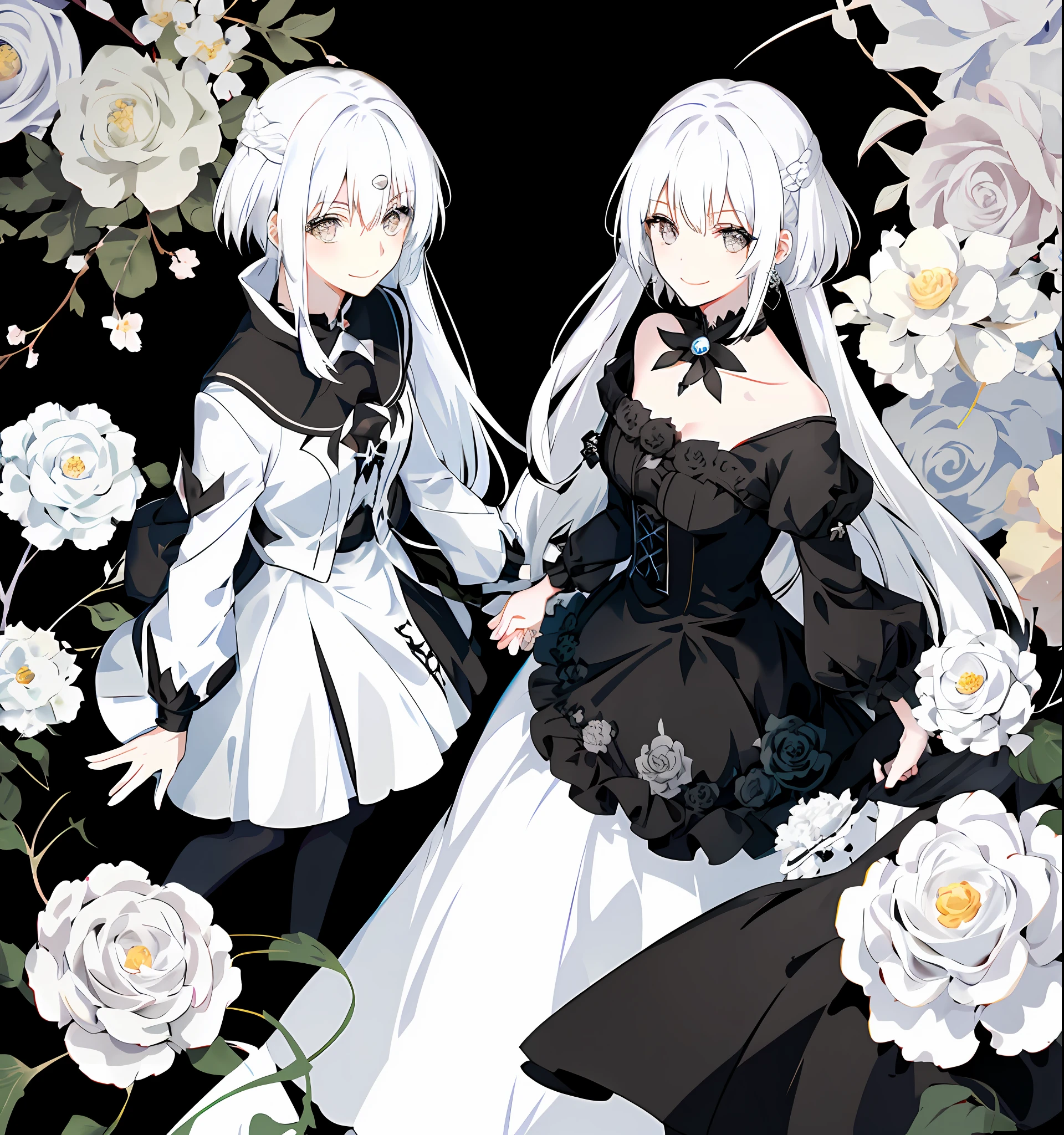 Anime female, white hair, black eyes, harm smile, white flower on black dress