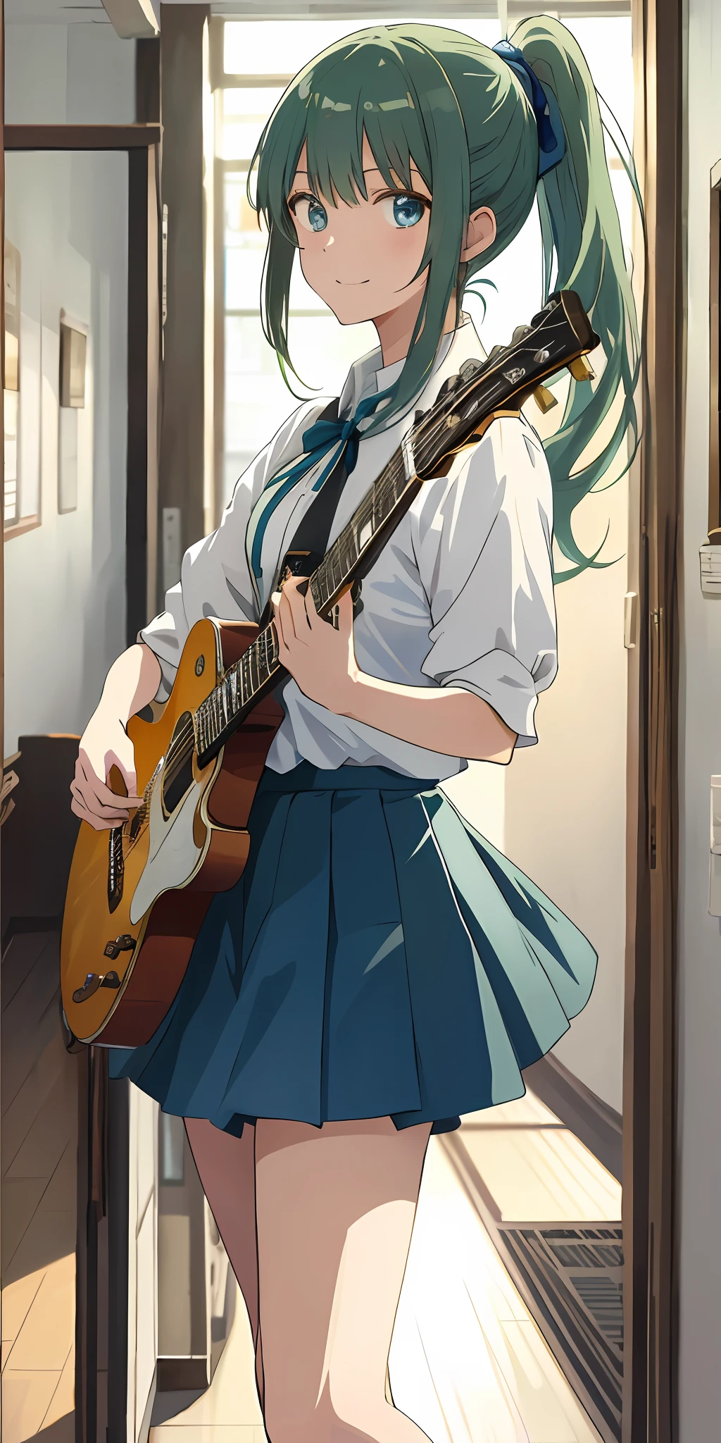 2D, masterpiece, best quality, anime, very detailed, cowboy shot, one girl, solo, playing guitar, blue eyes, long green ponytail hair with hime cut and bangs,uniform, summer uniform,, standing, indoors, hallway, :d