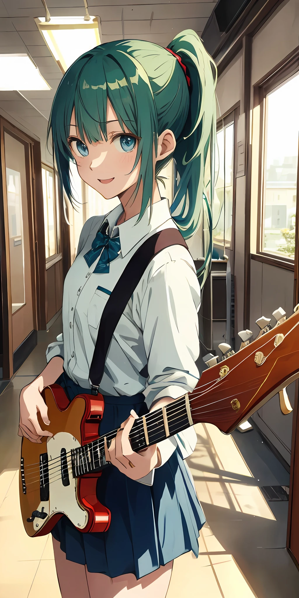 2D, masterpiece, best quality, anime, very detailed, cowboy shot, one girl, solo, playing guitar, blue eyes, long green ponytail hair with hime cut and bangs,uniform, summer uniform,, standing, indoors, hallway, :d