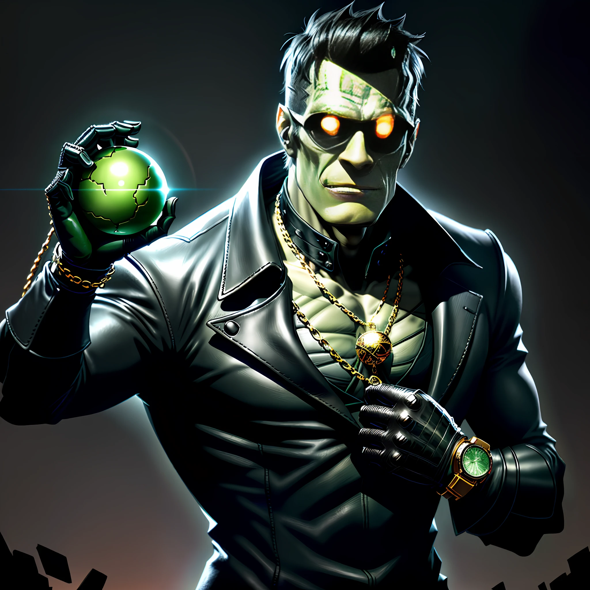 "((Hyper detailed)), ((open focus)), Frankenstein Monster, standing, centered in the image, wearing black leather suit, green face, black leather gloves, holding shiny small sphere, sunglasses, gold watch and chains, set in a dark city. (Excellent work), (No duplications), (Detailed hands), (Correct fingers), (No legs), (Good illustration), (Good coloring), (Proportional measurements), (No distortion)."