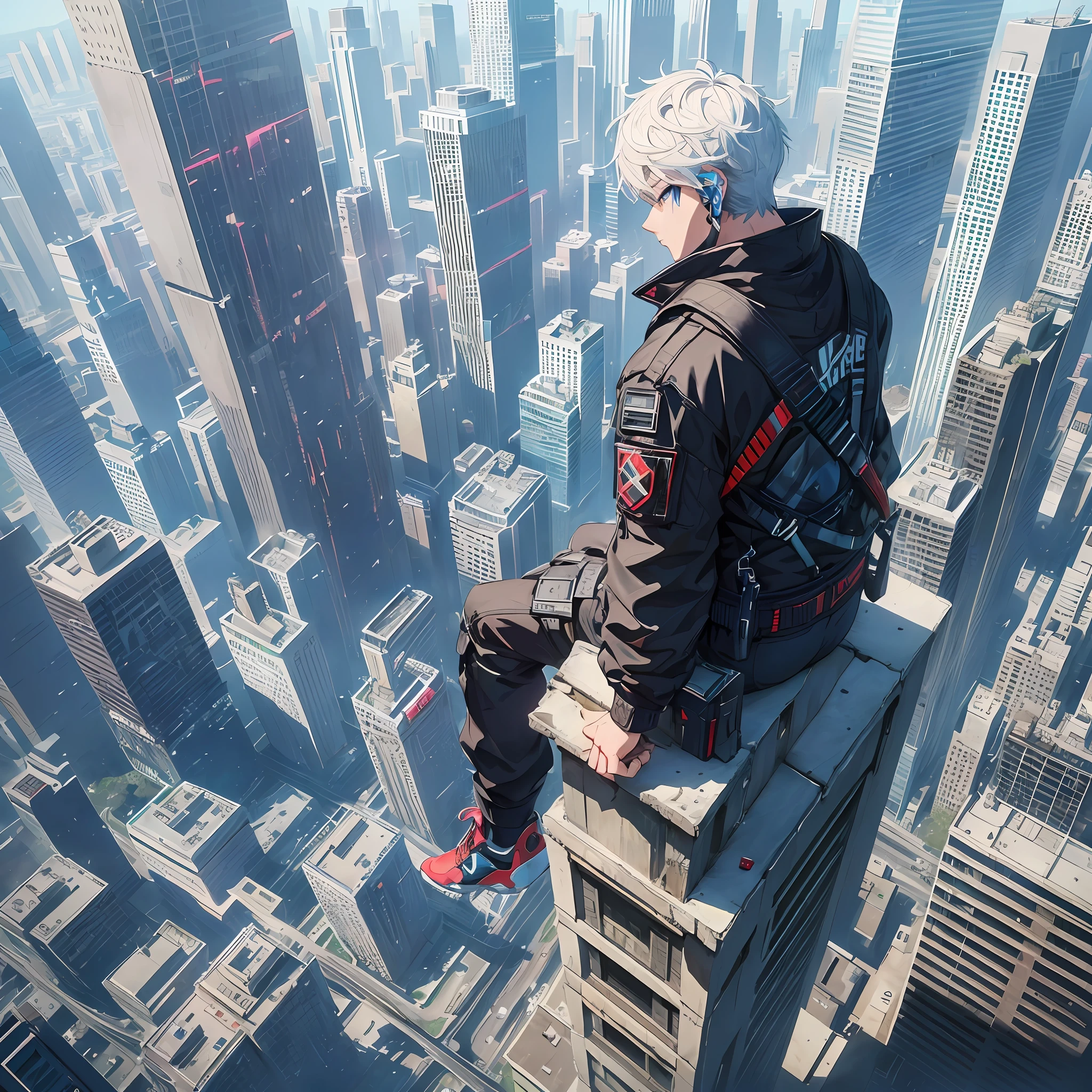 (masterpiece, top quality, best quality, official art, beautiful and aesthetic:1.2), (1man:1.3), white short hair, blue eyes, sitting on a windowsill overlooking the city, sitting on a skyscraper roof, perched on a skyscraper, overlooking a modern city, standing on a skyscraper roof, walking on the top of a small city, Fear of heights, above the city, cyberpunk streetwear, soaring above the dense city, cargo pants. Cyberpunk City, Cyberpunk Photos