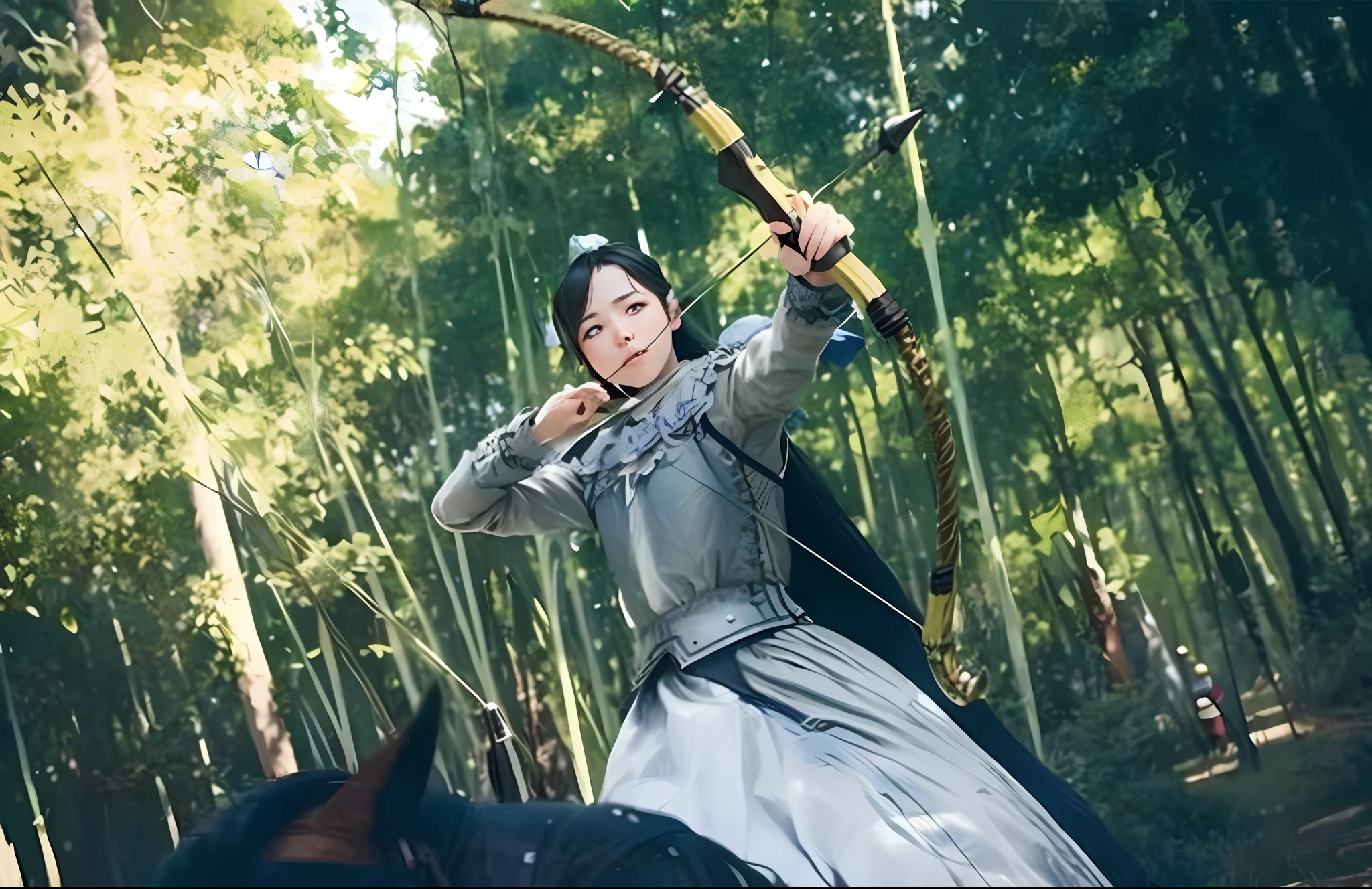 Summer, Meadow, Costume Girl Archery, Heavenly View, Big Clouds, Blue Sky, Hot Weather, HD Detail, Wet Watermark, Hyperdetail, Cinematic, Surrealism, Soft Light, Deep Field Focus Bokeh, Ray Tracing, and Surrealism. --v6
