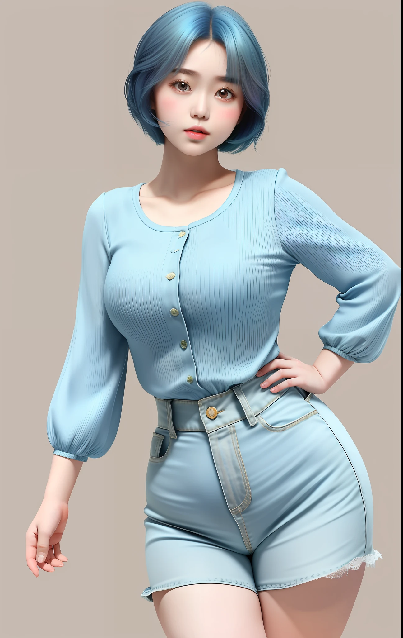 a beautiful, ite girl with short blue hair, big round eyes, thick lips, rosy cheeks and thick thighs, a pear shaped body weaing fantasy style clothes with a beautiful immersive background