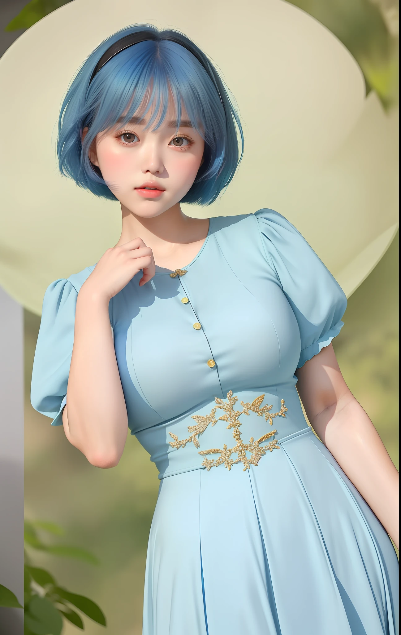 a beautiful, ite girl with short blue hair, big round eyes, thick lips, rosy cheeks and thick thighs, a pear shaped body weaing fantasy style clothes with a beautiful immersive background