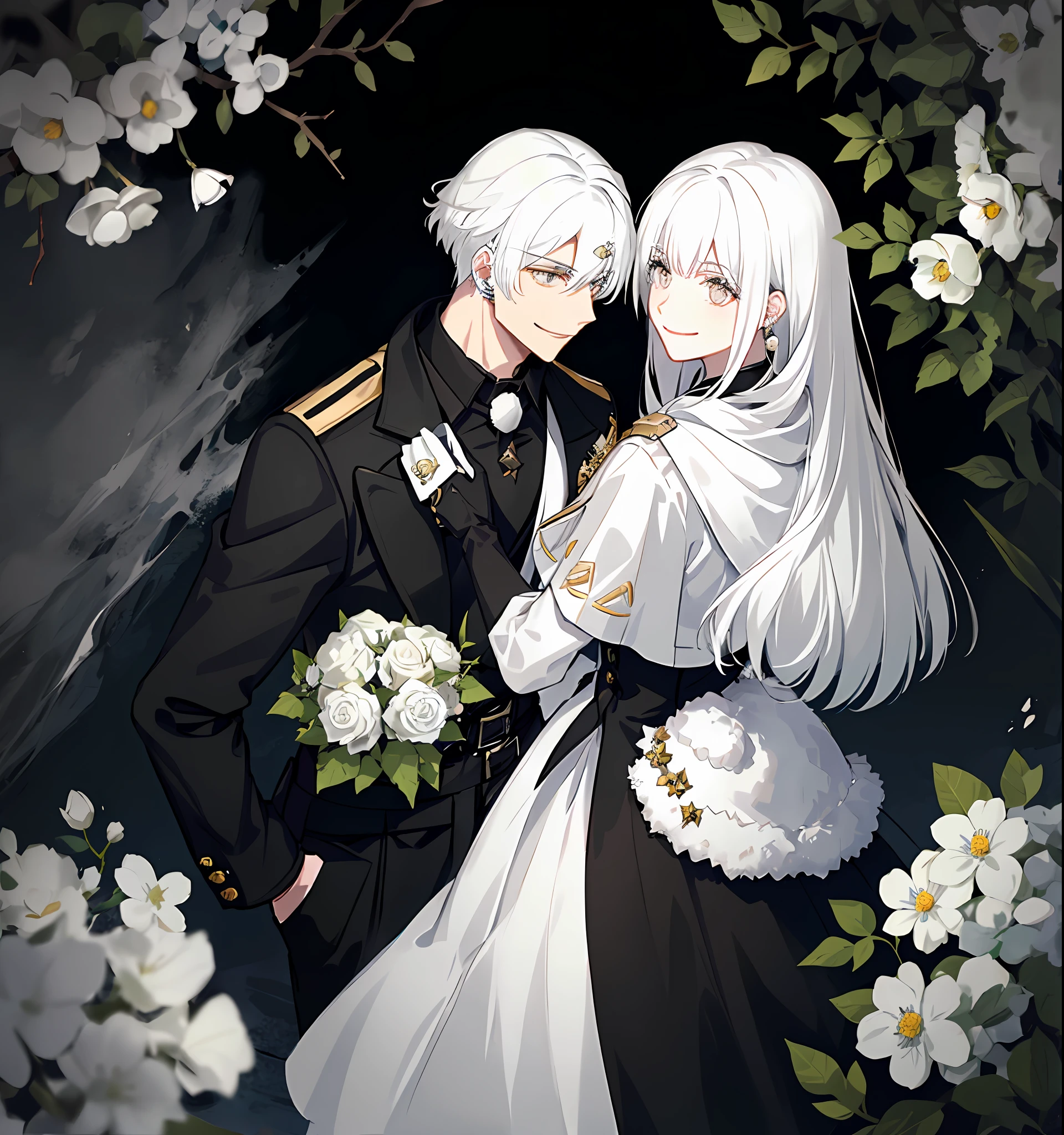 Man, white hair, black eyes, harm smile, white flower on black army suit
