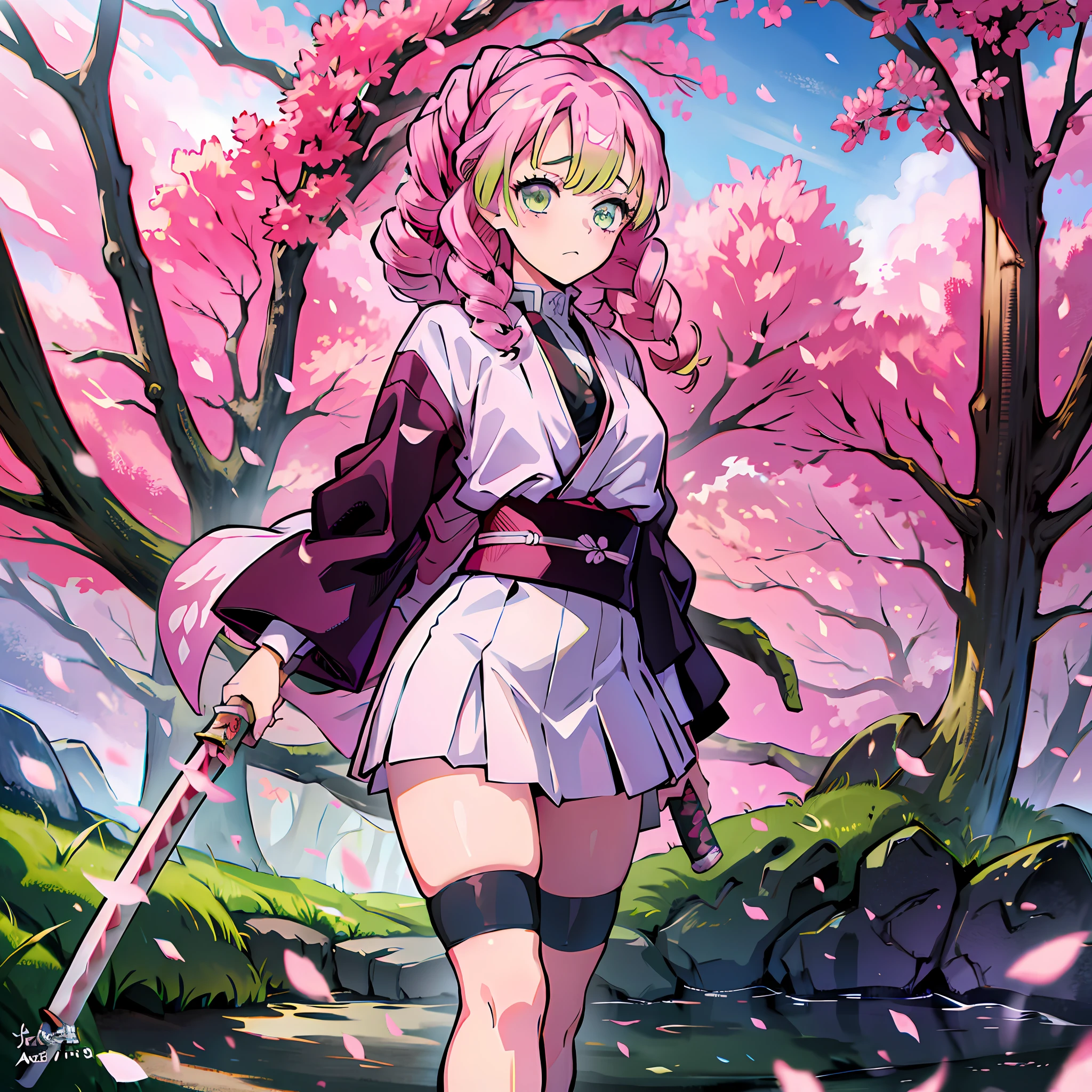 a girl in a sakura forest holding a katana, 1girl, beautyful, ultra detailed, kimetsu no yaiba, cute, solo, fullbody, good anatomy, standing, katana, beautyful body, sakura forest, beautyful legs, beautyful face, high quality, anime, beautyful background, beautyful, kimono, masterpiece, detailed hand, detailed legs, detailed face, detailed katana