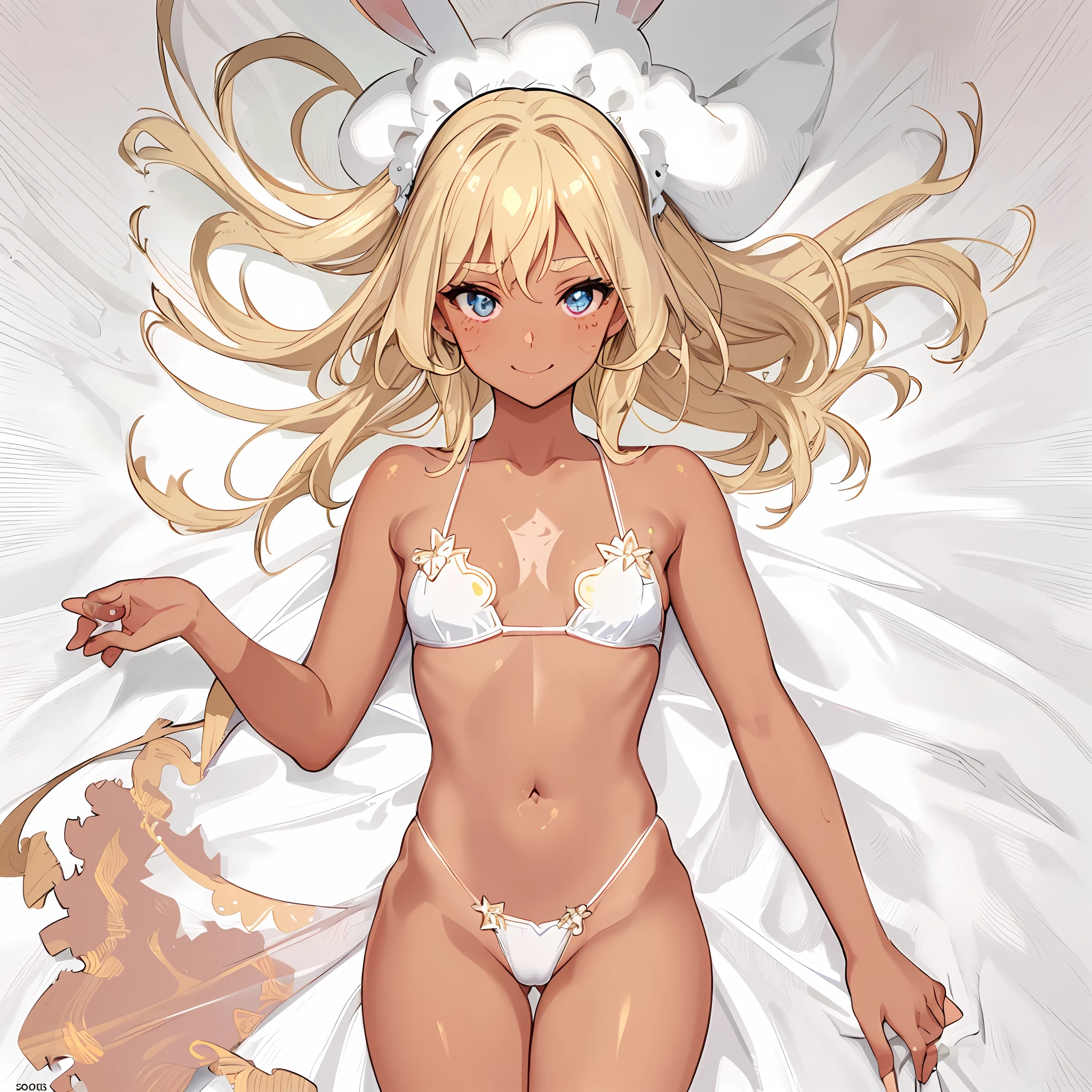 Small, swimsuit tan marks, clear tan marks, nipple seals, tan marks, huge thighs, rabbit ears, small, thick eyebrows, healthy whole body, evil smile, beautiful blonde, full body focus, (masterpiece), ((best quality)), (super detailed), one girl, solo, (beautiful eyes)), beautiful detailed eyes, clean and detailed face, five fingers, textile shading, perfect anatomy,