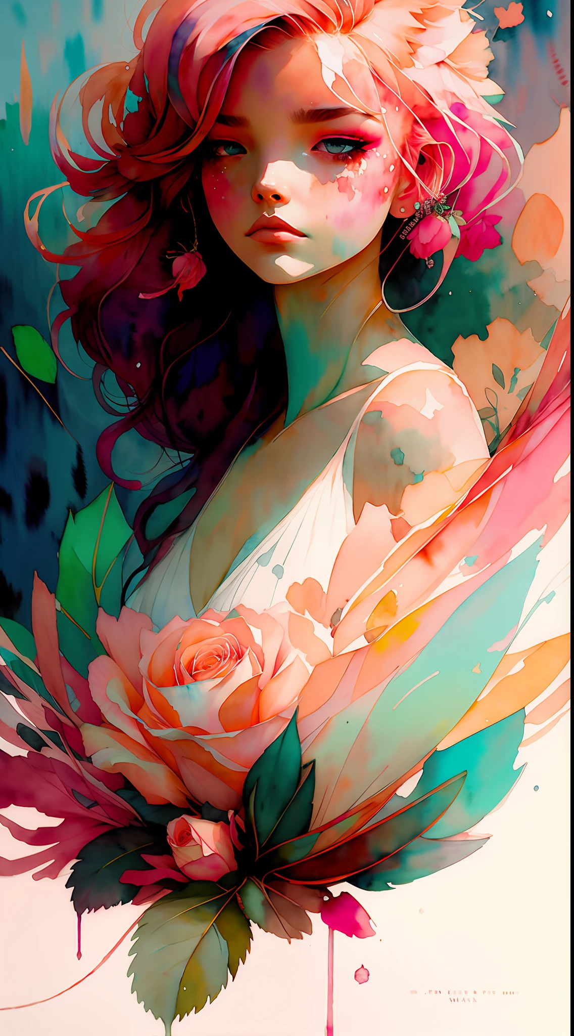wtrcolor style, (rose) digital art, official art, blown by the wind, masterpiece, beautiful, ((watercolor)), paint splatter, intricate detail. Great detail, [dripping:0.7], Trending on Artstation, Rachel Walker