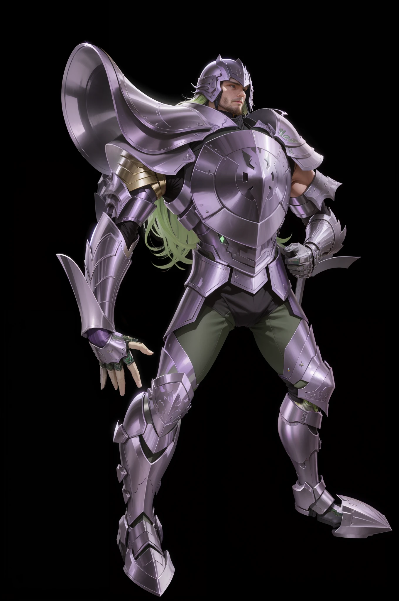 A man in purple armor, purple gorgeous armor, strong metallic luster texture, helmet, green hair, strong, full body, light, black background, perfect fingers, holy robe style