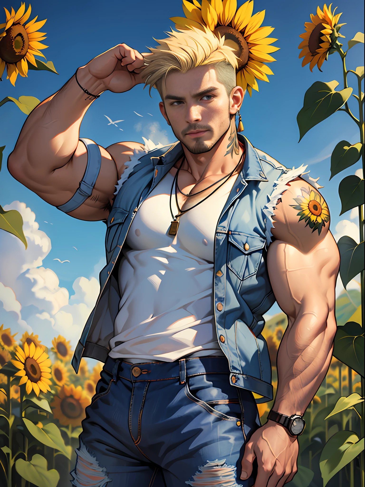 30 years old, big eyes, Chinese male, stubble, white inch, huge muscles, exaggerated muscles, mature man, muscle swelling, bodybuilding, pectoral muscles, abs, in a field of sunflower flowers, lots of sunflowers, jacket and vest, jeans, sneakers, natural light, metal necklace, wheat-colored skin, 1man, standing, men's stud earrings, tattoos