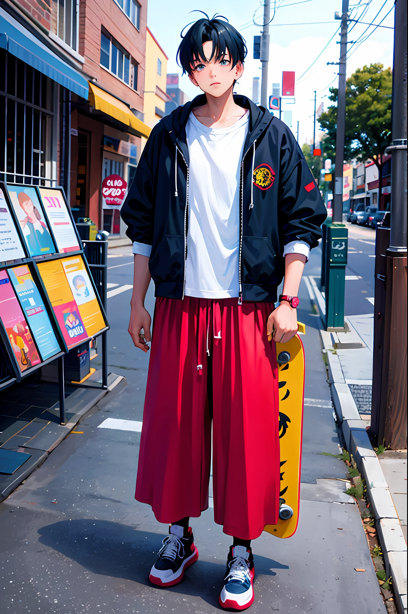 Anime90s style, boy with skateboard in hand walking down the sidewalk.