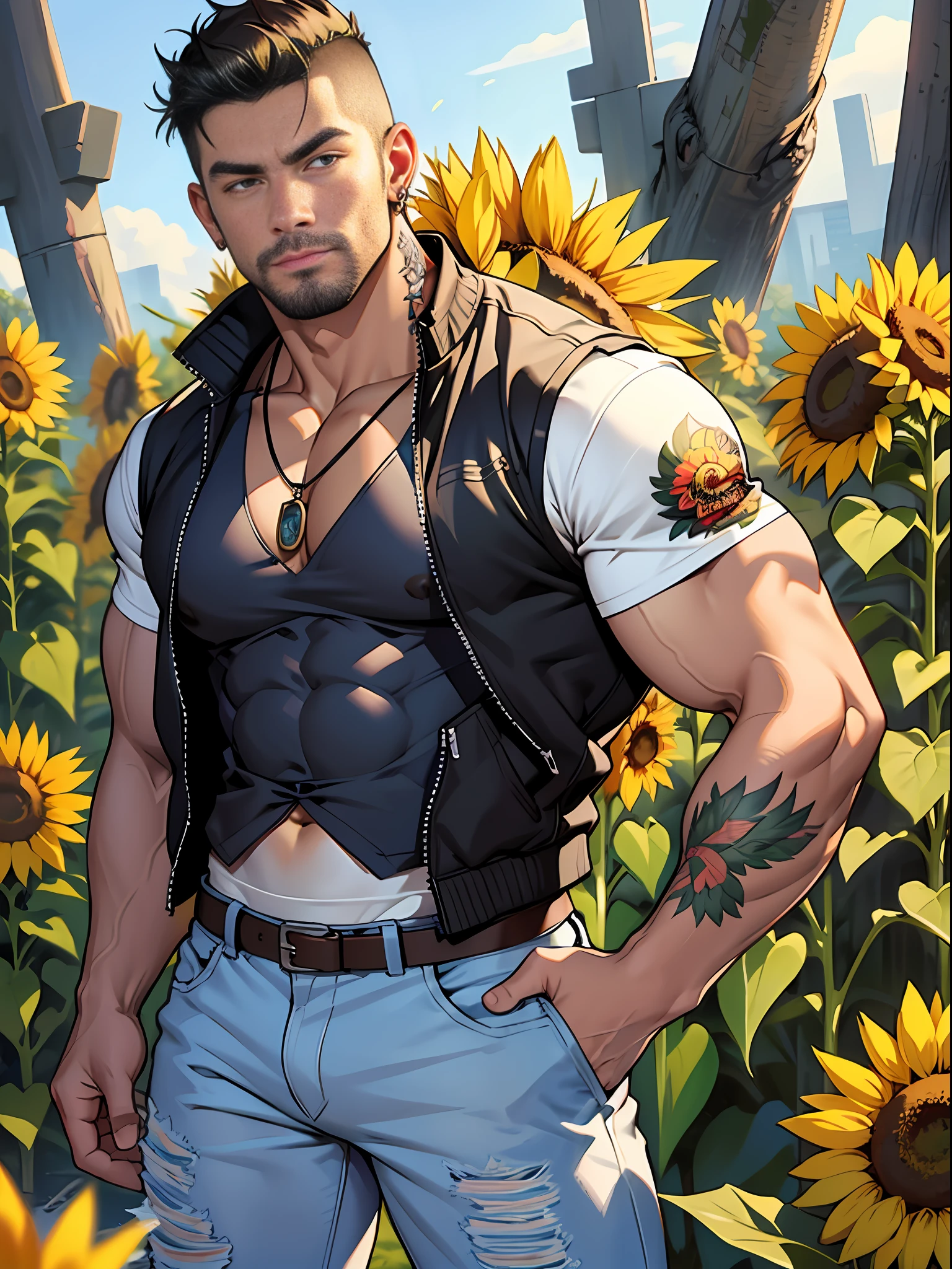 30 years old, big eyes, Chinese male, stubble, white inch, huge muscles, exaggerated muscles, mature man, muscle swelling, bodybuilding, pectoral muscles, abs, in a field of sunflower flowers, lots of sunflowers, jacket and vest, jeans, sneakers, natural light, metal necklace, wheat-colored skin, 1man, standing, men's stud earrings, tattoos