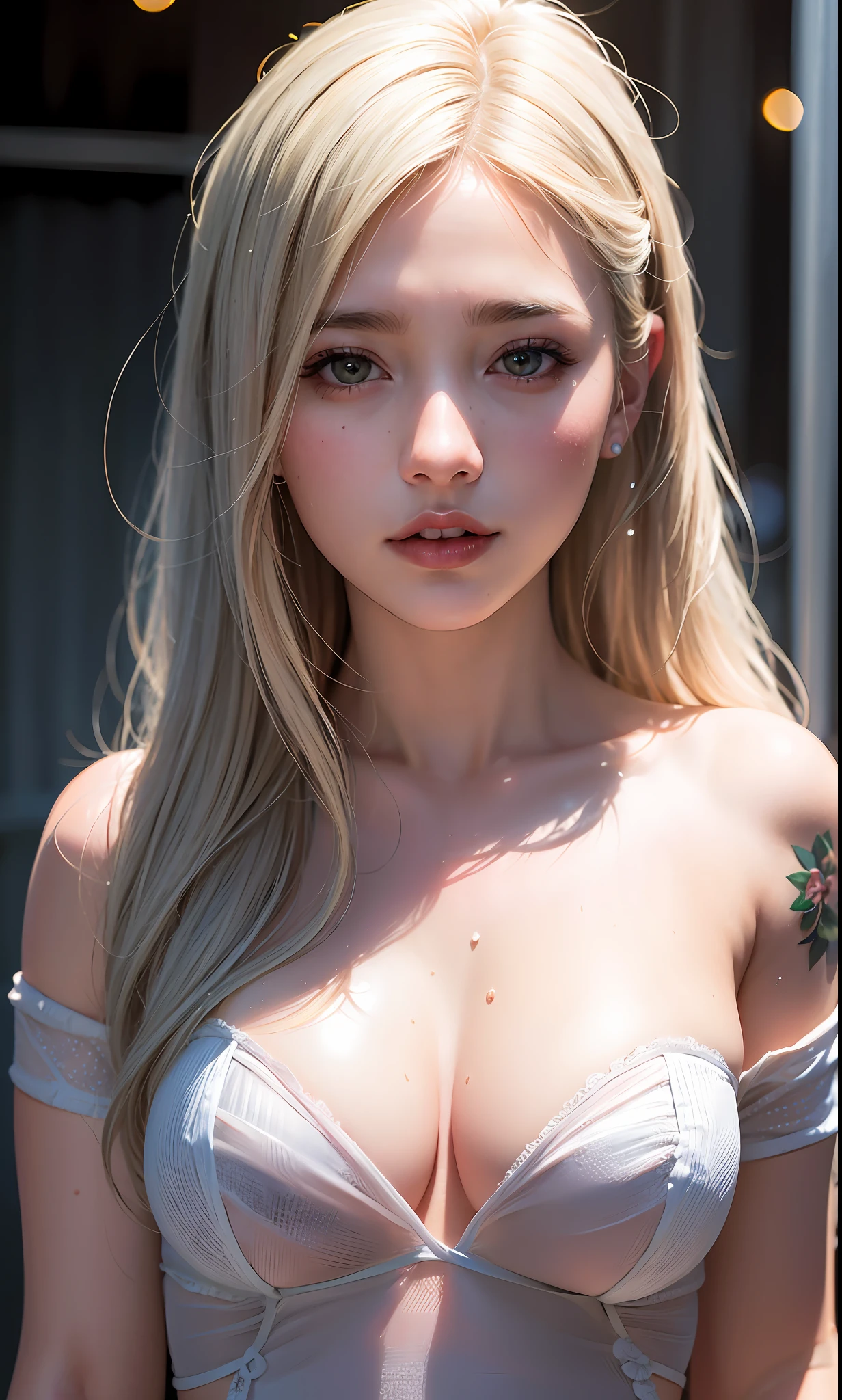 (8k, RAW photos, highest quality, high resolution:1.1), (hyperrealistic:1.4),(realistic, photorealistic:1.3), soft light,girl,realistic face,realistic body,realistic skin,absurdity,masterpiece,(cute:1.8),(big:1.2),sexual expression,blusher,off-shoulder knit,cleavage,film grain,cherry colored lips,wet hair, closeup,looking viewer,long hair,full body,upper teeth, depth of field, blurry background,eye focus,young,85mm lens,f/1.4,professional lighting,portrait,photon mapping,physically based rendering,tattoo,embarrassing,transparency,silver blonde hair,
