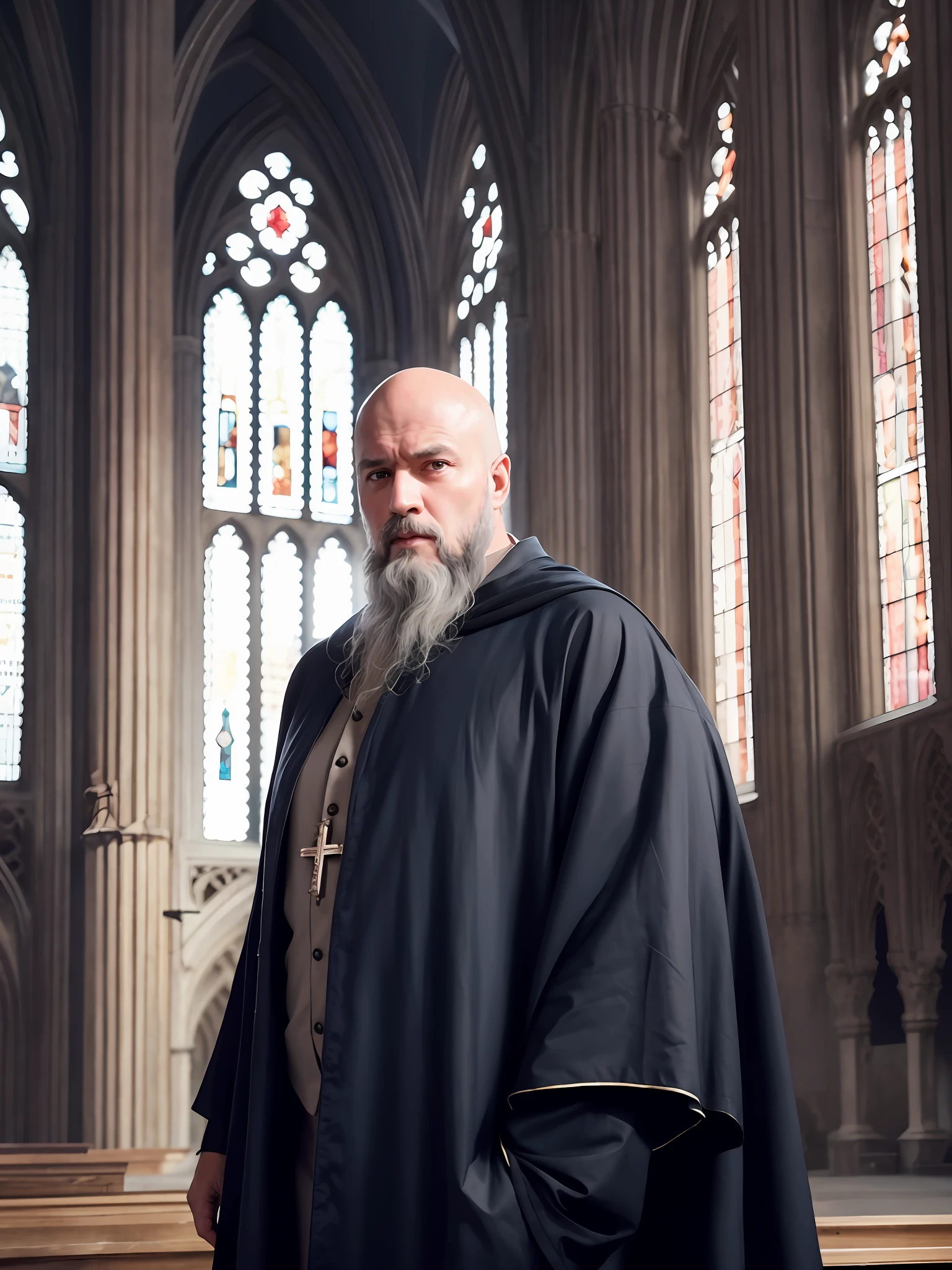 An old priest with a beard in an empty Gothic cathedral, a large gray bear, a bald head, blue eyes, old skin ((whole body,)), light coming from the windows, Diryt's monastic robes, torn clothes, serious facial expression, medieval clothes