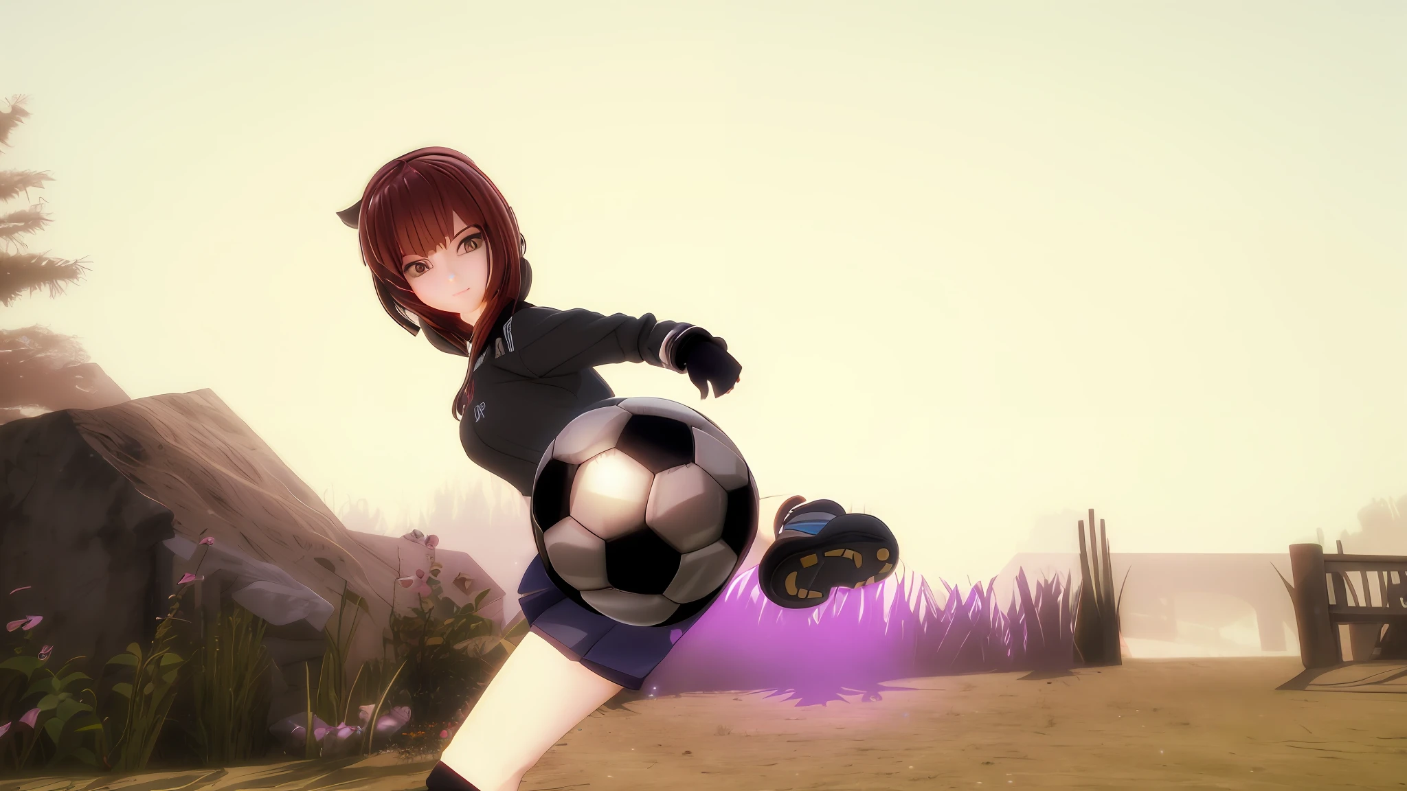 there is a girl kicking a soccer ball in a field, anime styled 3d, anime stylized, doing a kick, stylized anime, render of a cute 3d anime girl, the anime girl is running, nanogirl, anime style”, game cg, playing soccer, 3d anime girl, soccer, the anime girl is crouching, soccer ball against her foot