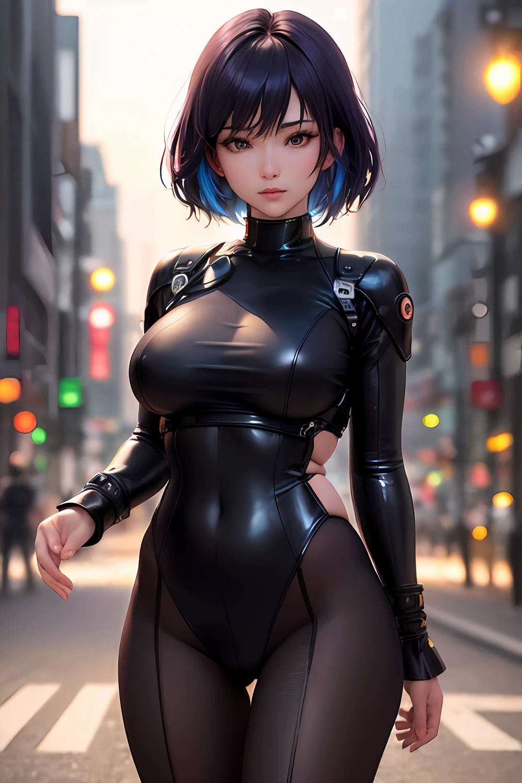 masterpiece, best quality, (extremely detailed CG unity 8k wallpaper, masterpiece, best quality, ultra-detailed, best shadow), (detailed background), (beautiful detailed face, beautiful detailed eyes), High contrast, (best illumination, an extremely delicate and beautiful), ((cinematic light)), colorful, hyper detail, dramatic light, intricate details, Motoko Kusanagi, standing, street, Tokyo, buildings, neon lights, night