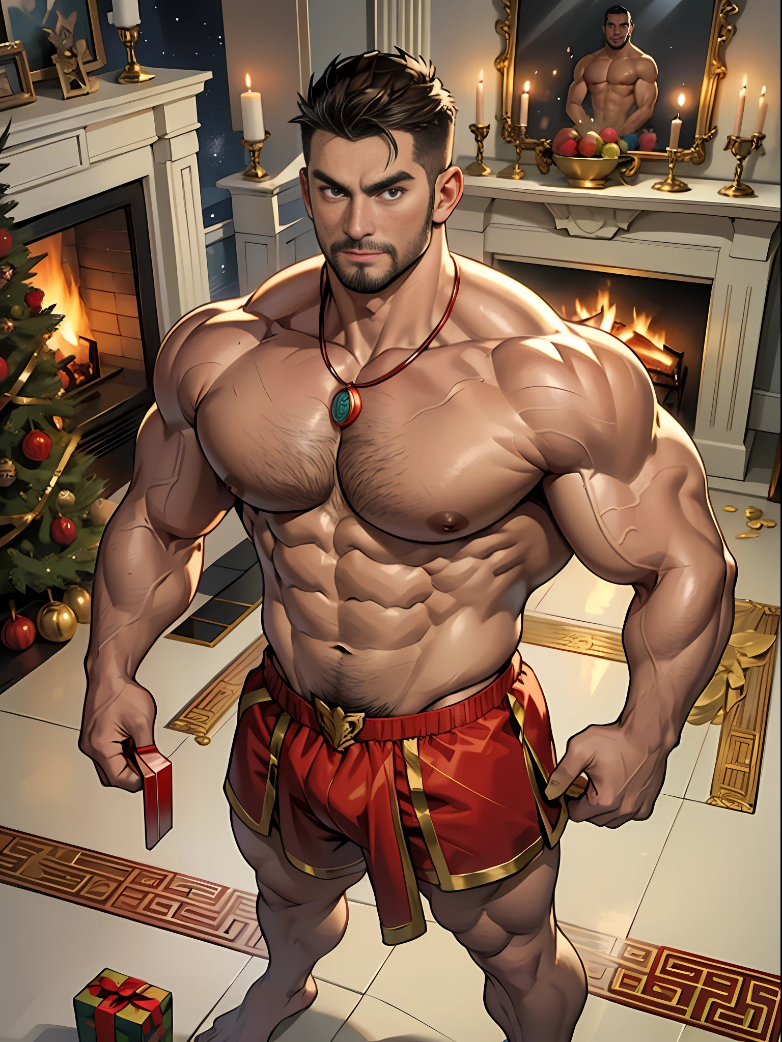 30 years old, big eyes, Chinese male, stubble, white inch, huge muscles, exaggerated muscles, mature man, muscle swelling, bodybuilding, pectoral muscles, abs, clothes in dollhouse, nutcracker, nutcracker, super large gift box, metal necklace, wheat-colored skin, 1man, standing, night, fireplace