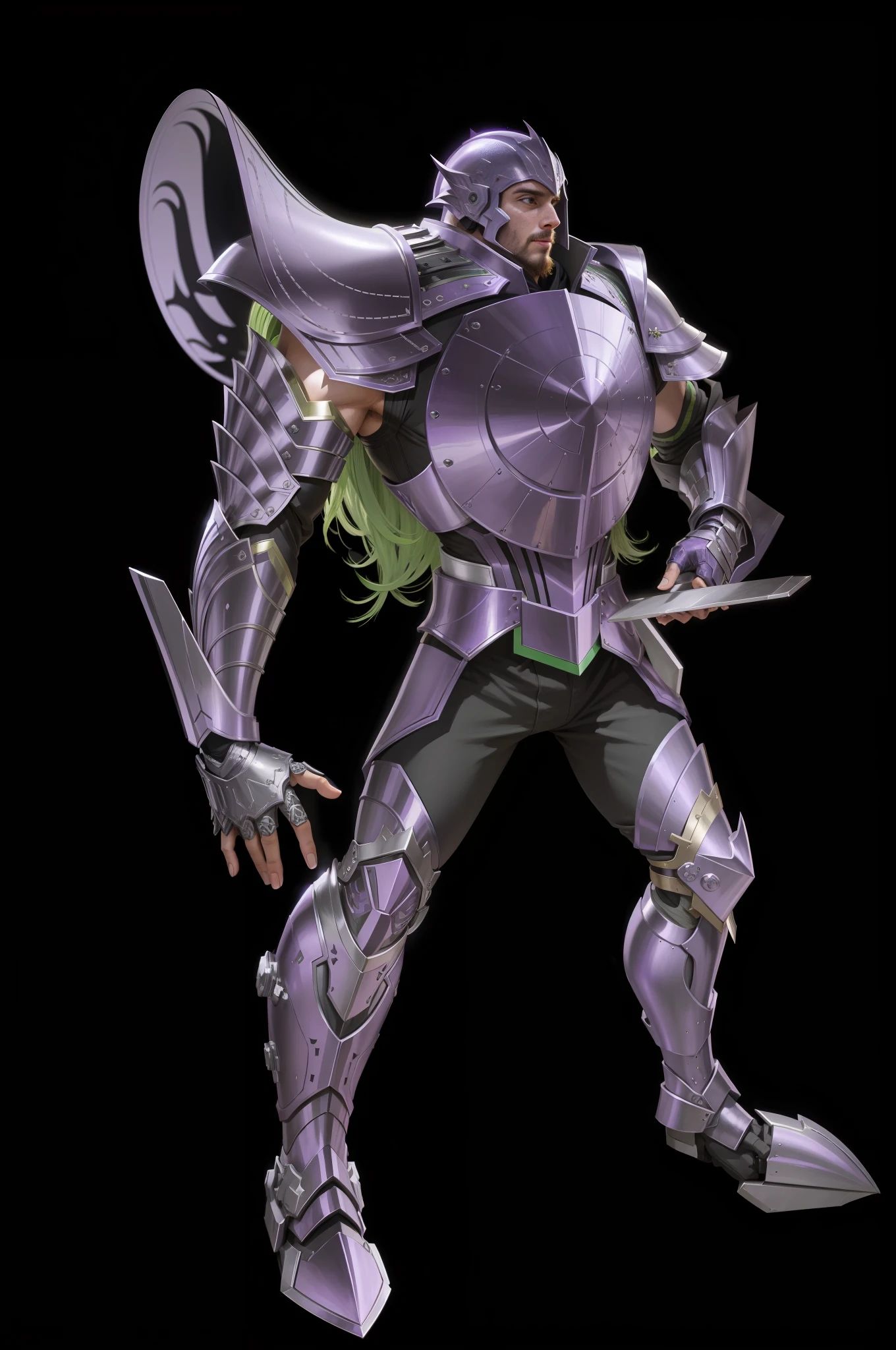 A man in purple armor, purple gorgeous armor, strong metallic luster texture, helmet, green hair, strong, full body, light, black background, perfect fingers, holy robe style