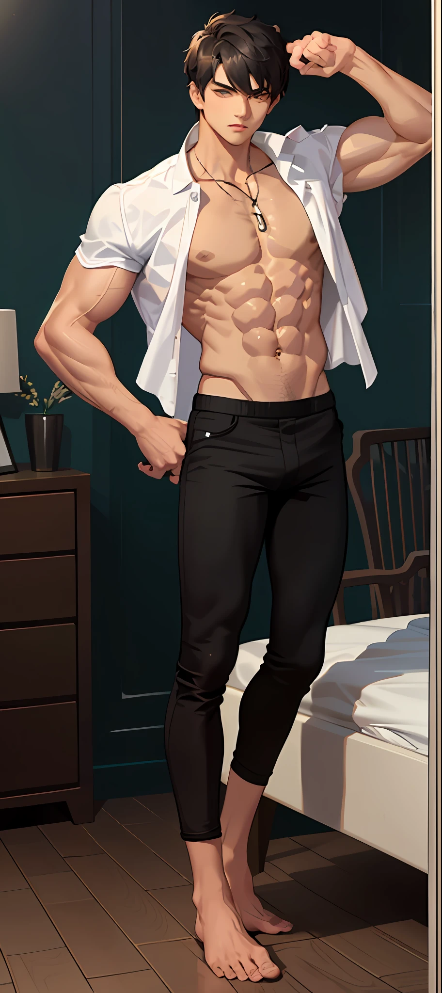 (College boy, cool) muscular lean body, open shirt, black coloured pant, no expression, detailed hands and legs and good face. Bedroom scene with detailed ornamentation of walls.