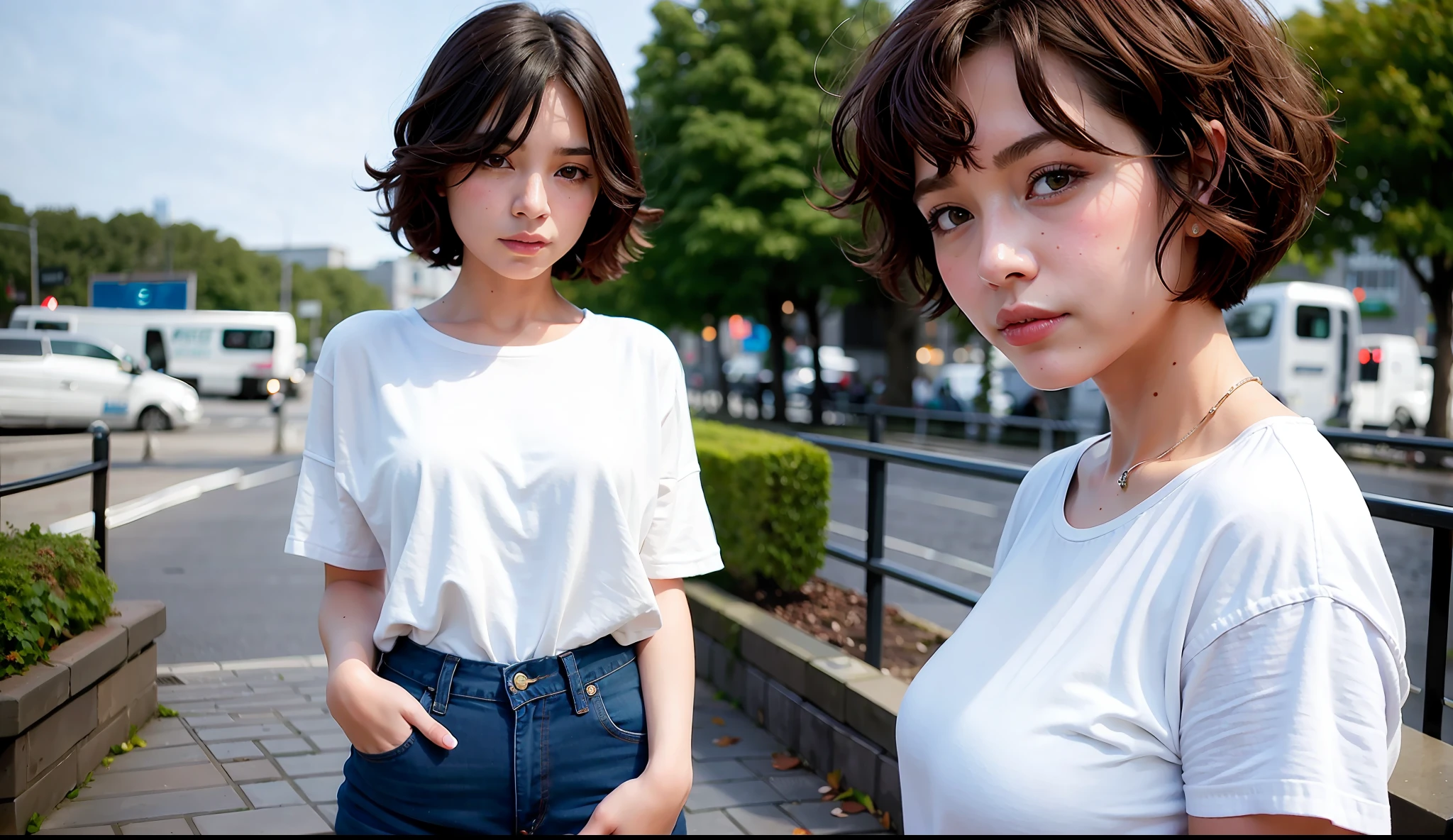 Nathalie,Curl Short Hair, master piece, face focus,4k, Jeans Wear, Gentle,City Background, Landscape, Viewer View, Sharp shadow,UHD,4K , Cenimatic Lighting, masterpiece,