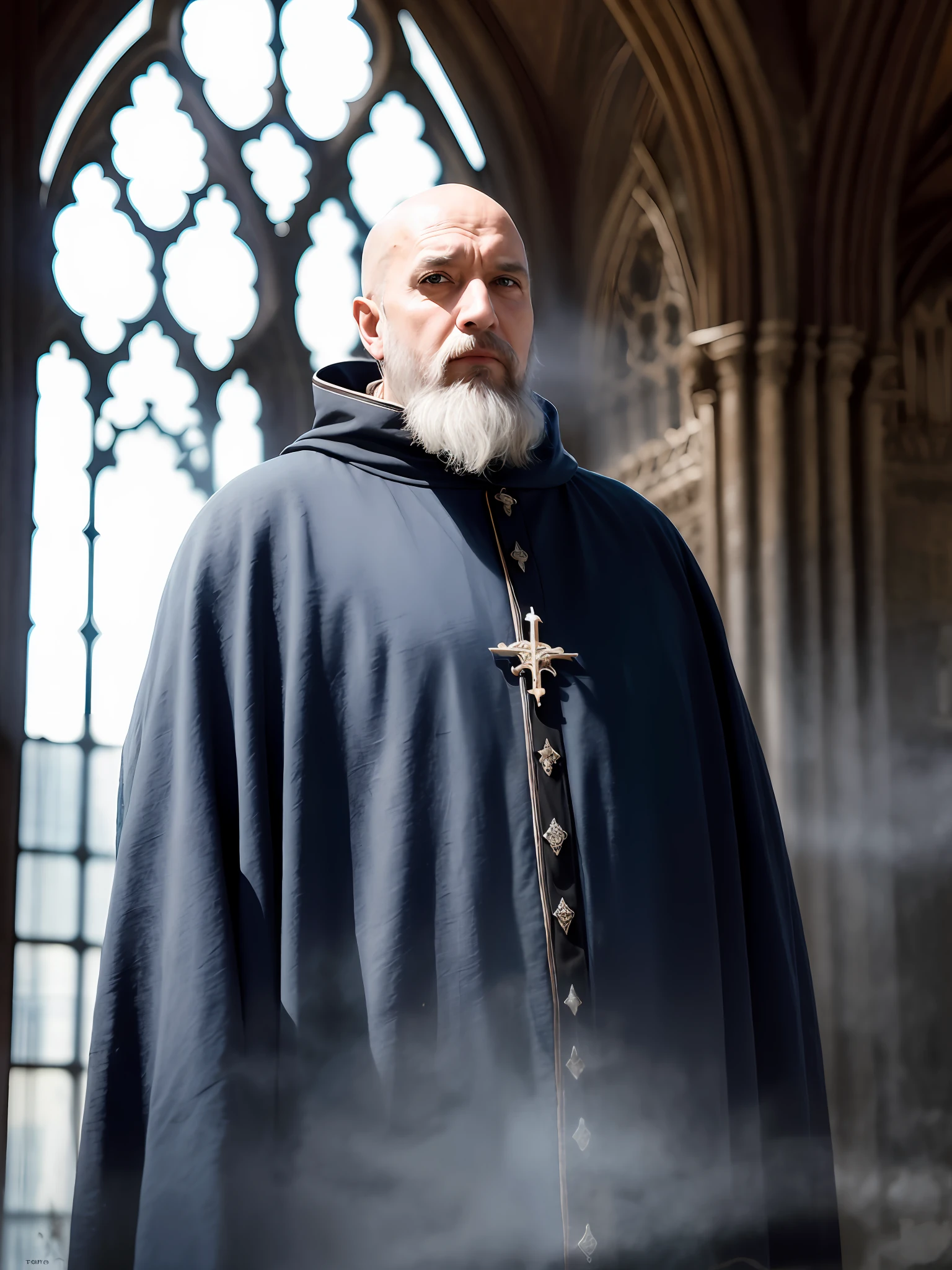 An old priest with a beard, a magician in a Gothic cathedral, a bald head, blue eyes, old skin ((whole body,)), light coming from the windows, Diryt's monastic robes, torn clothes, a serious expression on his face, medieval clothes, sun glare, haze.