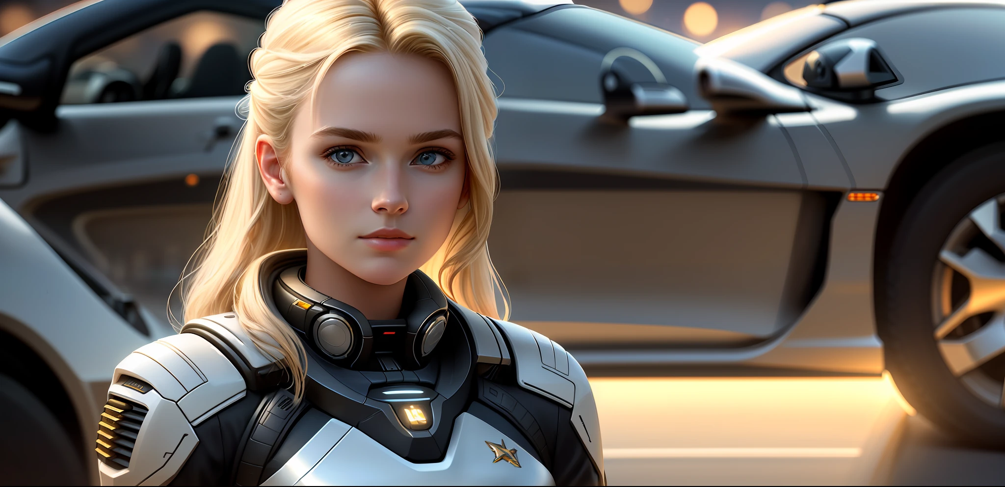 (masterpiece, best quality, realistic, ultra detailed, sfw, head shot, a portrait of a young blond girl, starsector, sci-fi style clothing, hight-tech gadgets,),she stand beside the Car ( masterpiece, Farrari:1.5, ultra wide, Shape, Shadows,best quality,4k),(Road Background, blur, Cenimatic Lighting, masterpiece)