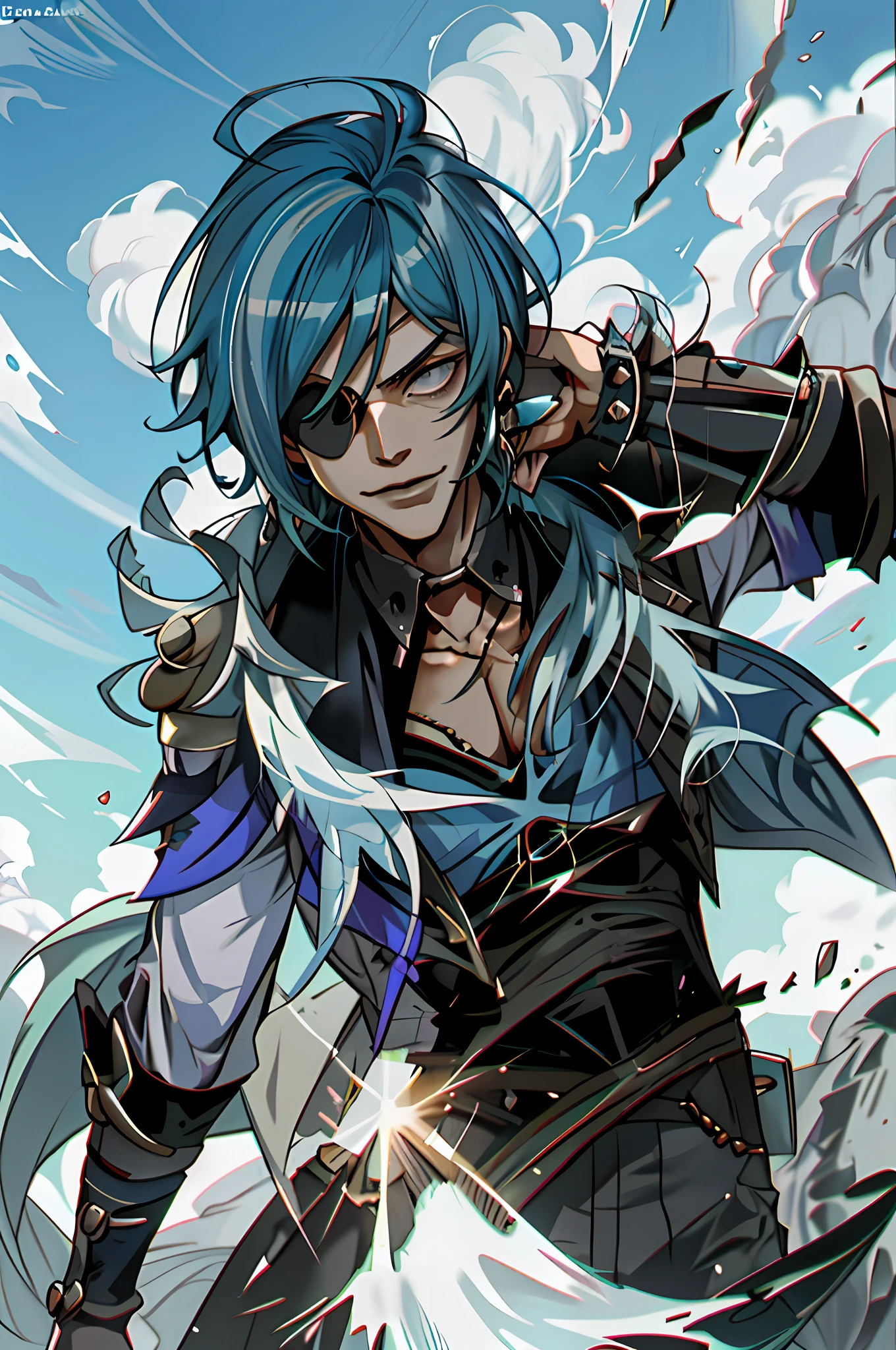 kaeya (genshin impact), 1male, blue hair, eyepatch, (masterpiece, best quality), 1man, solo, blue hair, eyepatch, ( art by hermann nitsch, zdzislaw beksinski, dariusz zawadzki, giger)