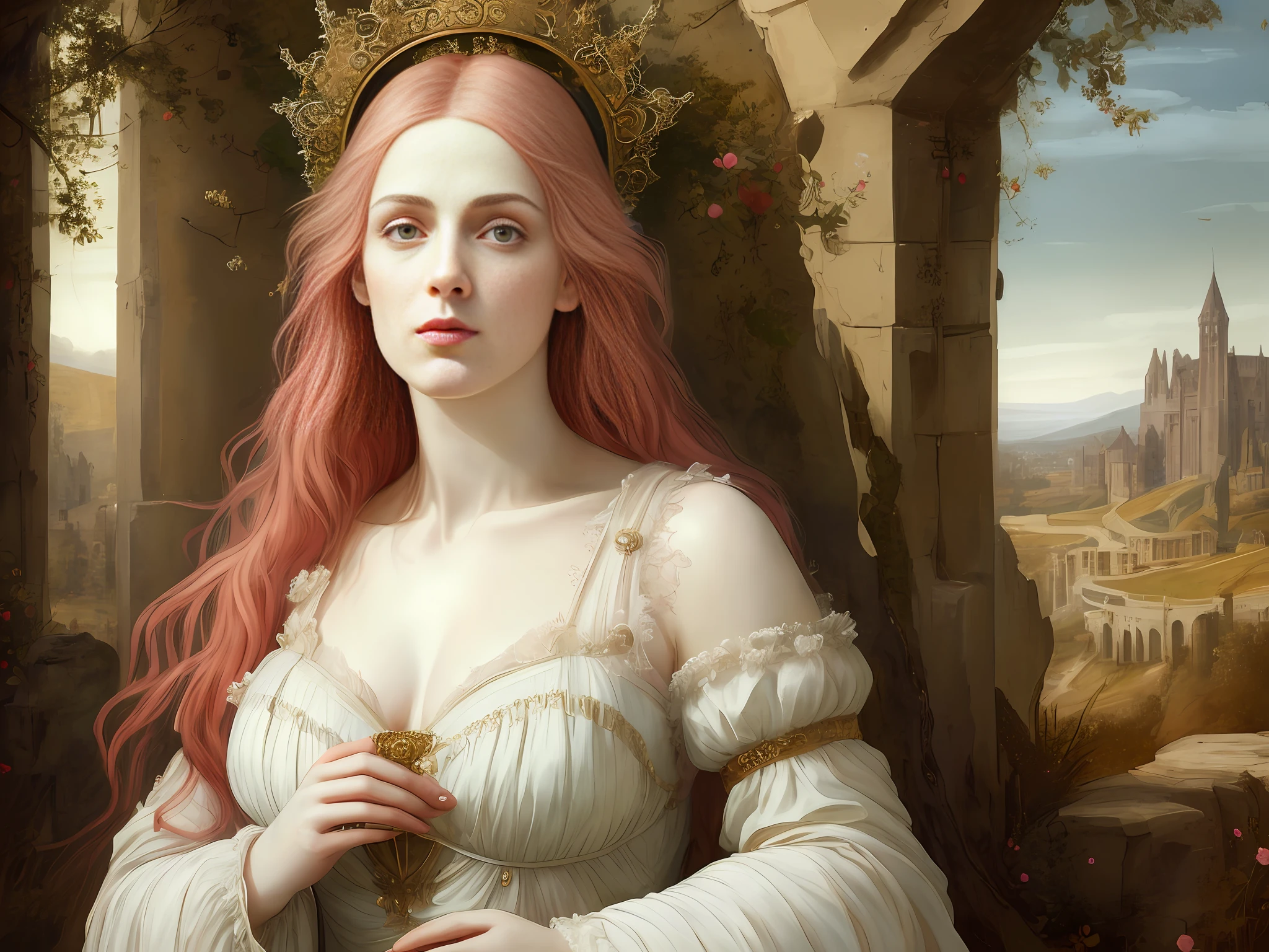 (((Pre-Raphaelite painting)))) masterpiece, peach blossom eyes, Virgin Mary, ((overhead halo)), halo, smile, absolutely beautiful, snow-white skin, heavenly sky, half body, ((divine light)), pink hair, big breasts, big tits, sexy, covered with white gauze, slim, thin, low-cut rose and autumn tones, sunset, roman style, perfect hands