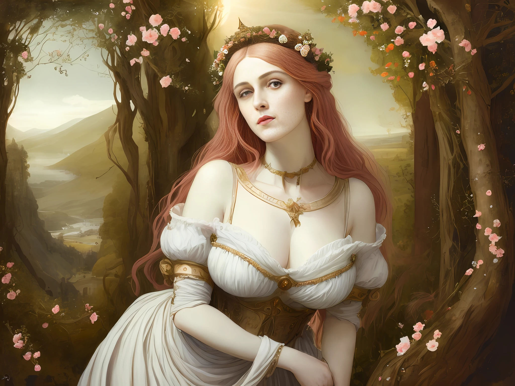 (((Pre-Raphaelite painting)))) masterpiece, peach blossom eyes, Virgin Mary, ((overhead halo)), halo, smile, absolutely beautiful, snow-white skin, heavenly sky, half body, ((divine light)), pink hair, big breasts, big tits, sexy, covered with white gauze, slim, thin, low-cut rose and autumn tones, sunset, roman style, perfect hands