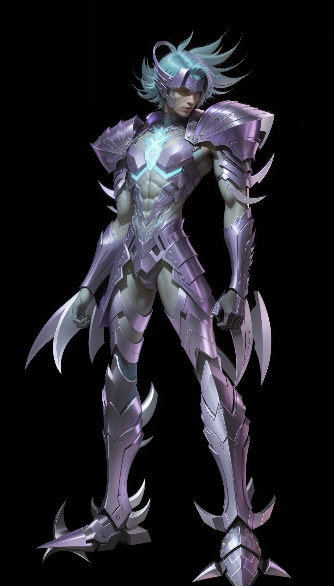 A man wearing purple armor, purple gorgeous armor, cyan skin, strong metallic luster texture, helmet, hands with claws blue hair, strong, exposed chest and abs, full body, light, black background, perfect, holy clothing style