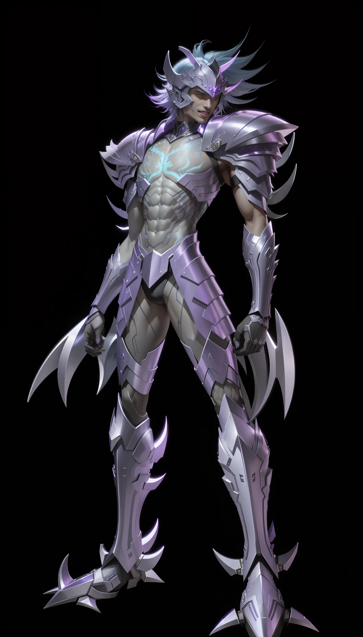 A man wearing purple armor, purple gorgeous armor, cyan skin, strong metallic luster texture, helmet, hands with claws and blue hair, strong, revealing chest and abs, evil laughing whole body, lighting, black background, perfect, holy clothing style