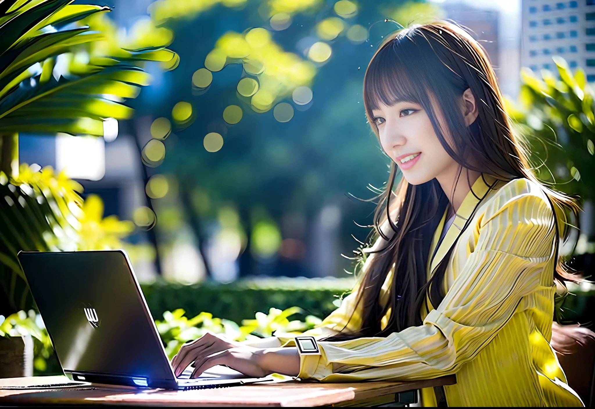 ((Cinematic lighting, Best quality, 8k, Masterpiece :1.3)),Sharp focus :1.2, 1girl,Ultra-detailed face, Detailed eyes, Double eyelid , japanese beautifull young businesswoman in a casual clothing is typing on a laptop On the terrace of a lit café where the sun shines through , Smile expression , white teeth , sitting at desk at keyboard, working on a laptop at a desk, sitting at a computer desk, sitting at a computer, typing on laptop, working on her laptop, professional image, Background is buildings and street trees in Shibuya, Tokyo , The focus is on the woman , avenue tree , Blur background