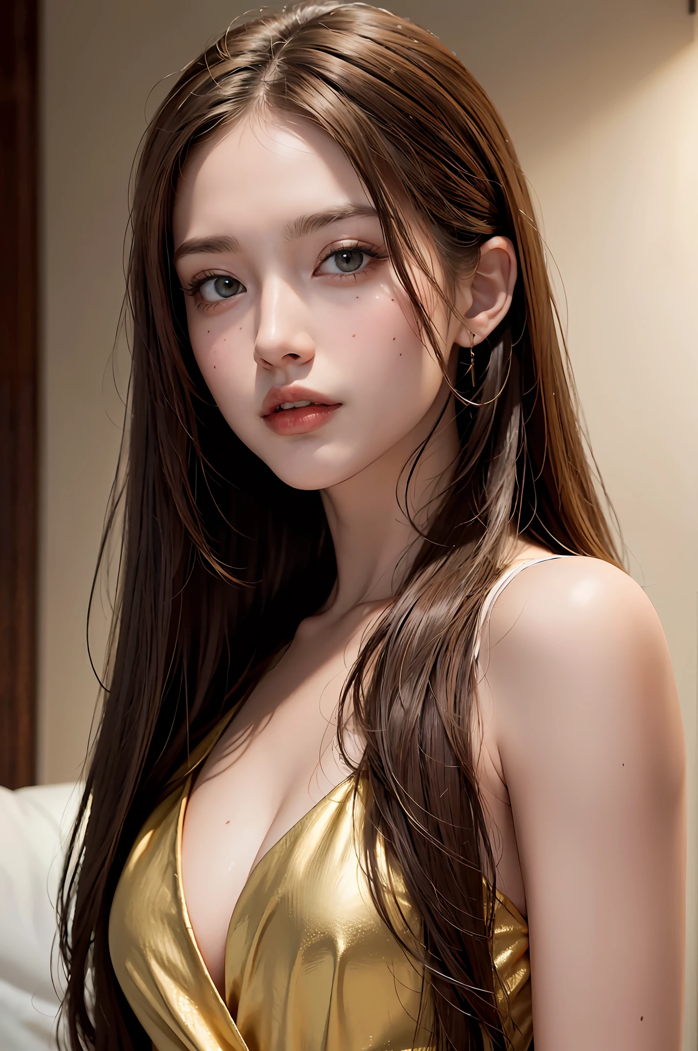 Masterpiece: 1.3), (8k, photorealistic, RAW photo, best quality: 1.4), (1girl), beautiful face, (realistic face), (brown hair, long hair: 1.4), beautiful hairstyle, realistic eyes, beautiful detail eyes, (realistic skin), beautiful skin, (one piece), absurd, seductive appearance, ultra high resolution, ultra realistic, high definition, golden ratio, backward facing, occipital