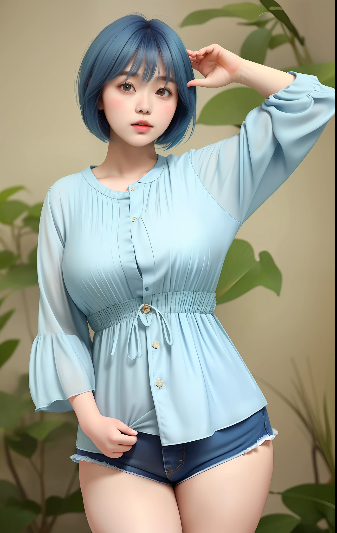 a beautiful, ite girl with short blue hair, big round eyes, thick lips, rosy cheeks and thick thighs, a pear shaped body weaing fantasy style clothes with a beautiful immersive background