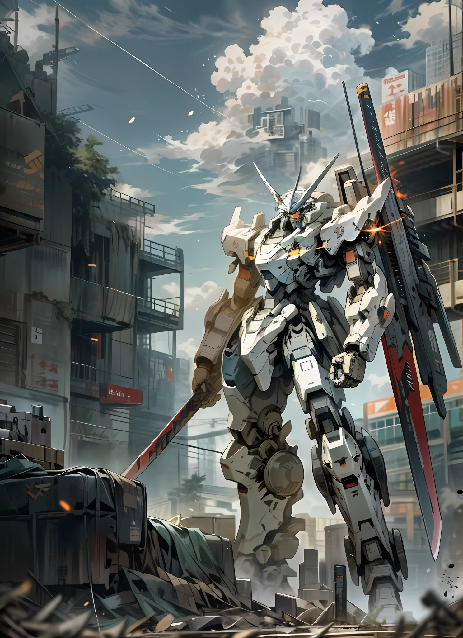 Sky, Clouds, holding_weapon, no_humans, Glow, Robot, Building, glowing_eyes, Mecha, Science Fiction, City, Reality, Mecha, Armored Core, Mecha Warrior, Ruins, Gloomy