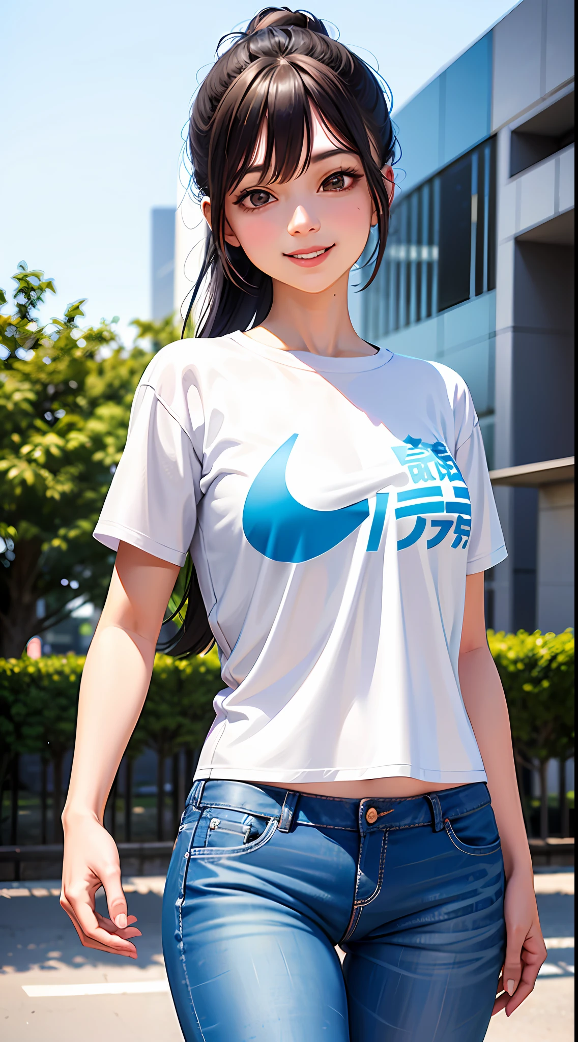1girl, she wearing white shirt and blue pants, casual clothes, wearing blue nike sneakers, 22 years old, smiling face, adult face, 8k style, realistic, crowded, medium black hair.